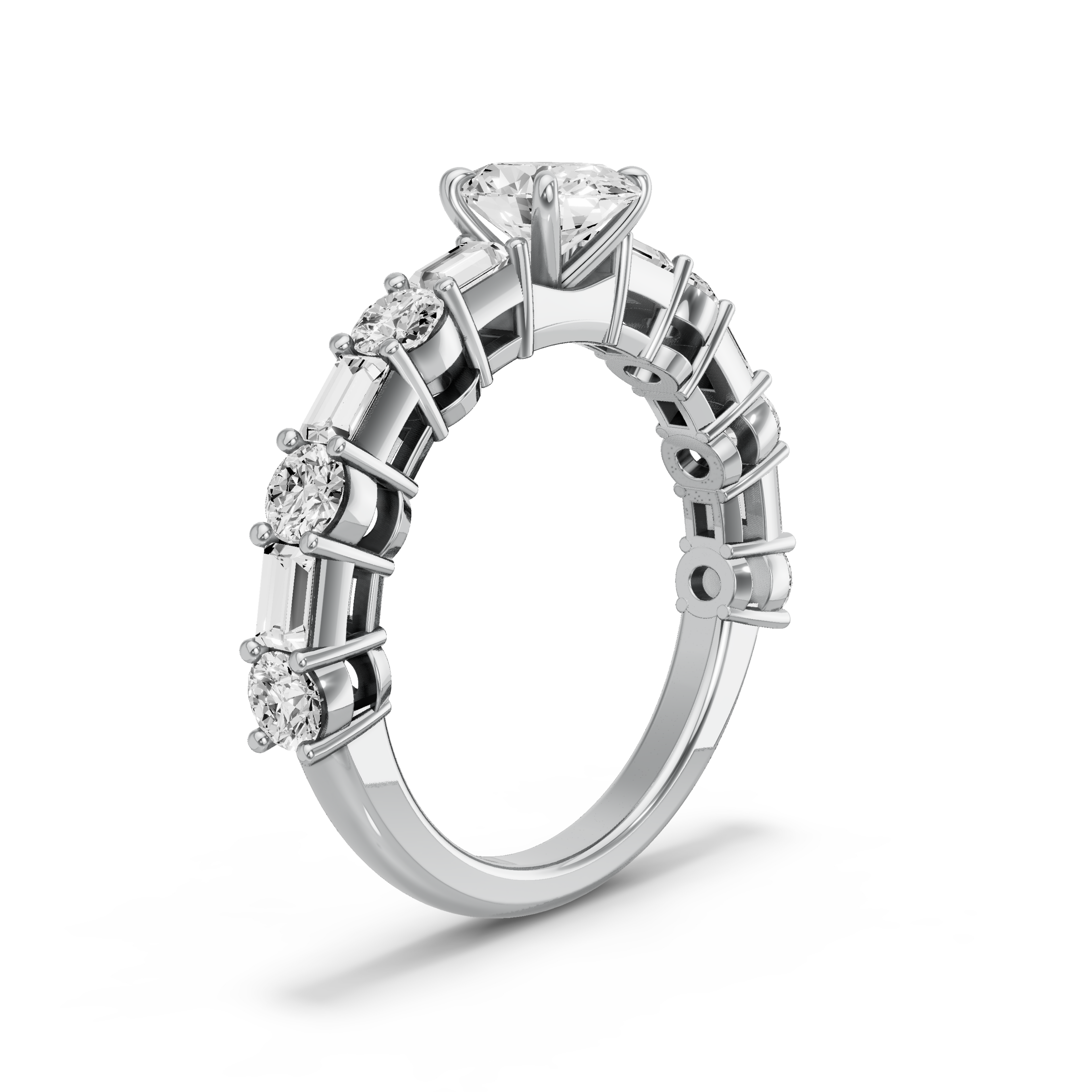 Image for Oval Four Prong Ring with Alternating Baguette band in 14K White Gold