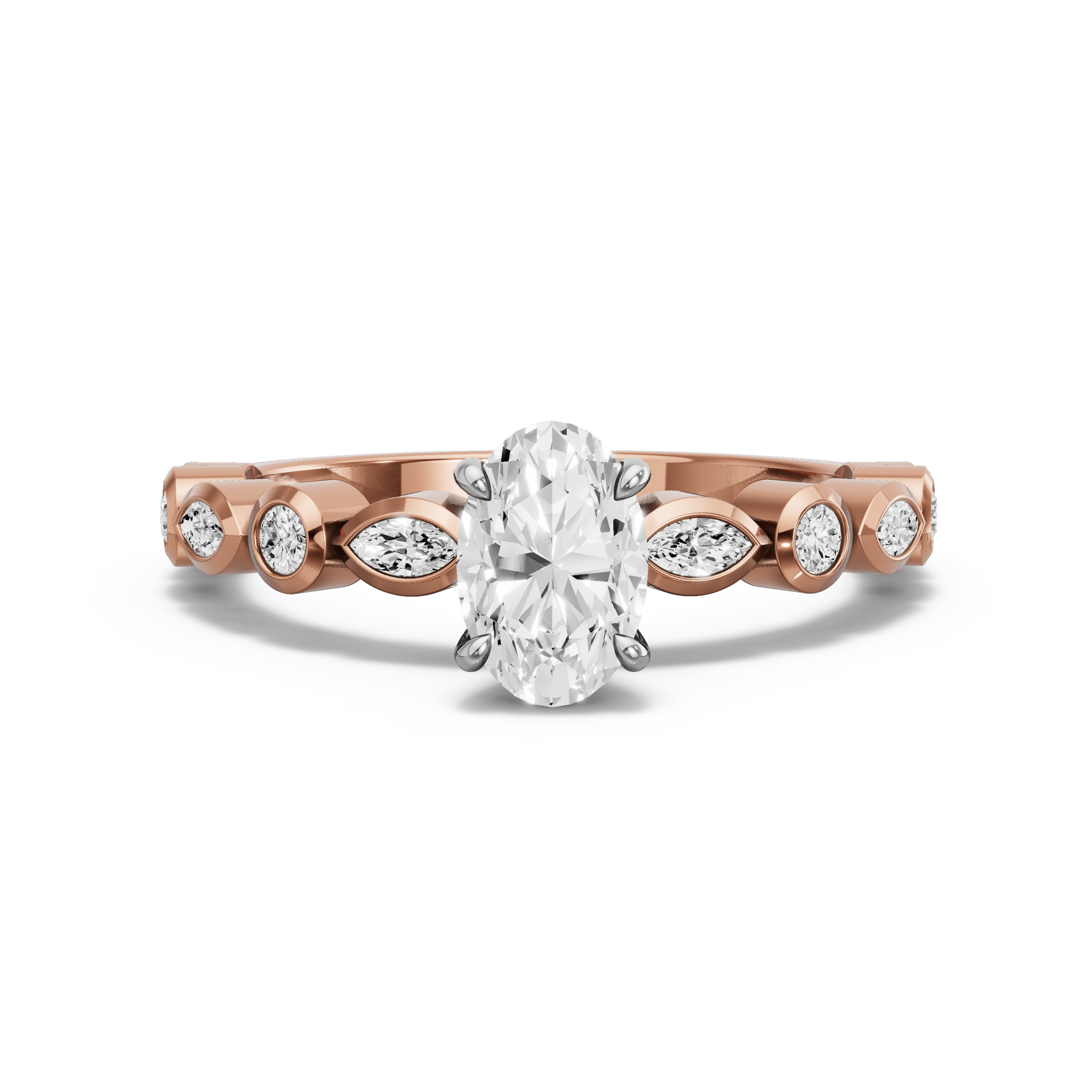 Image for Oval Four Prong Ring with Alternating Marquise band in 14K Two Tone Rose Gold