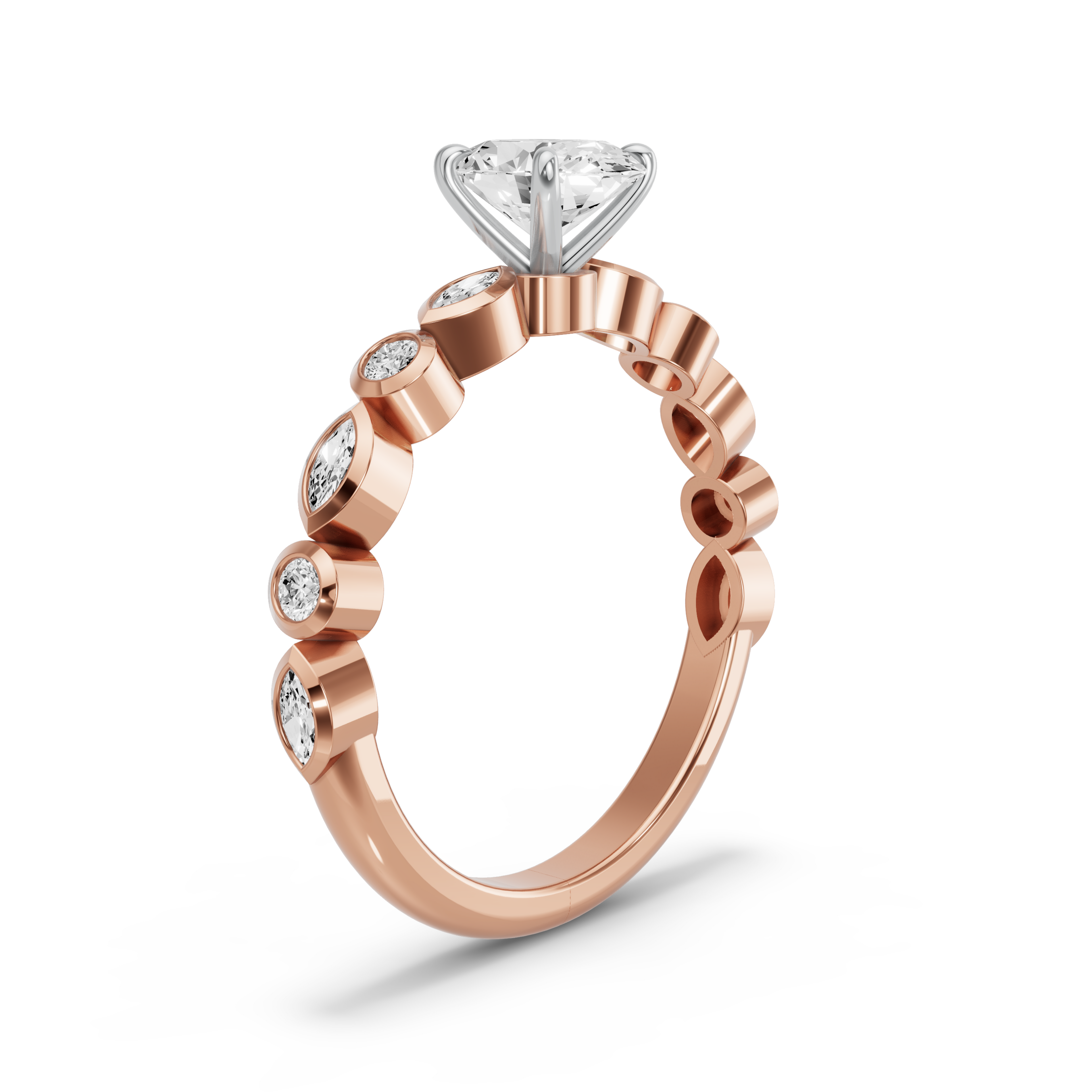 Image for Oval Four Prong Ring with Alternating Marquise band in 18K Two Tone Rose Gold