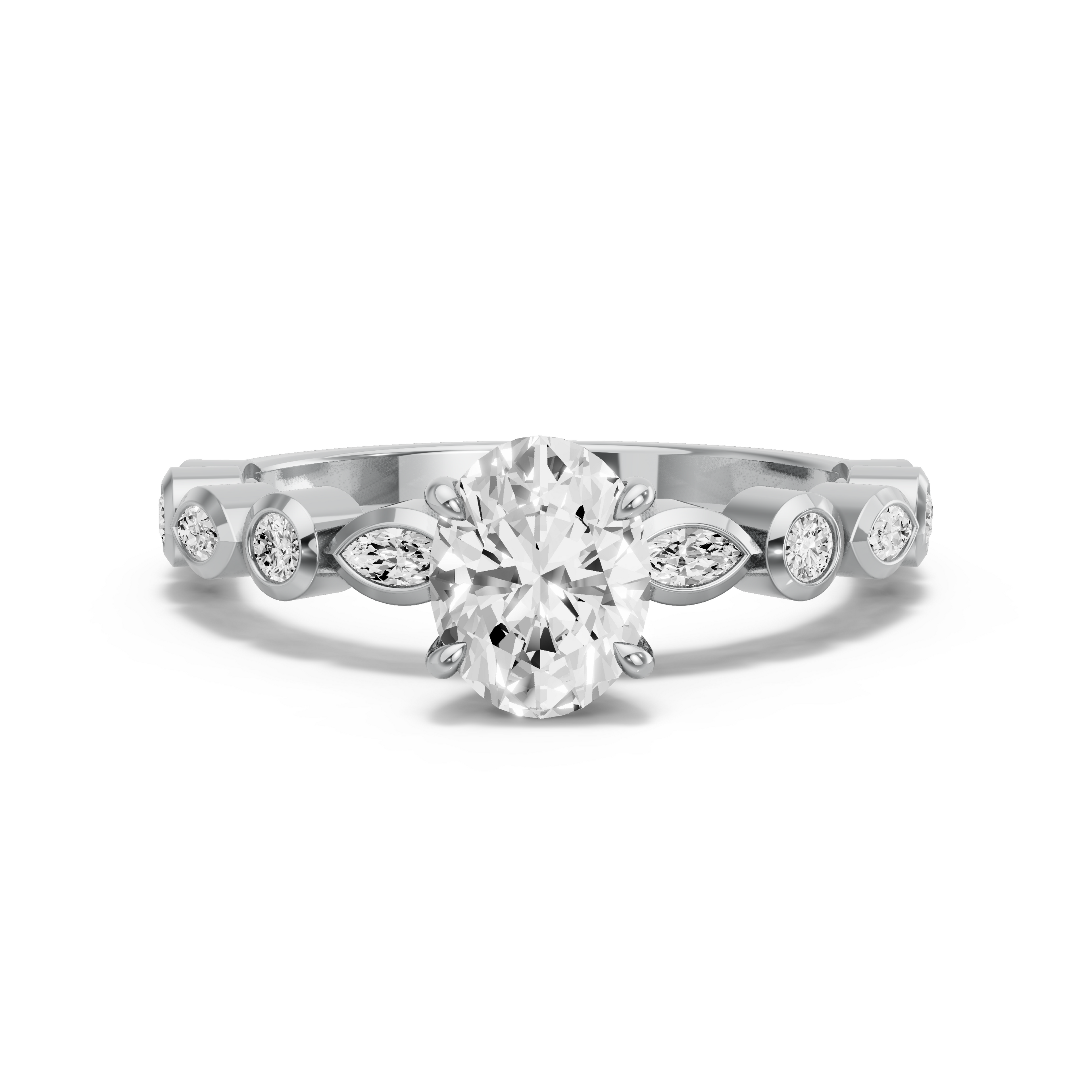 Image for Oval Four Prong Ring with Alternating Marquise band in 10K White Gold