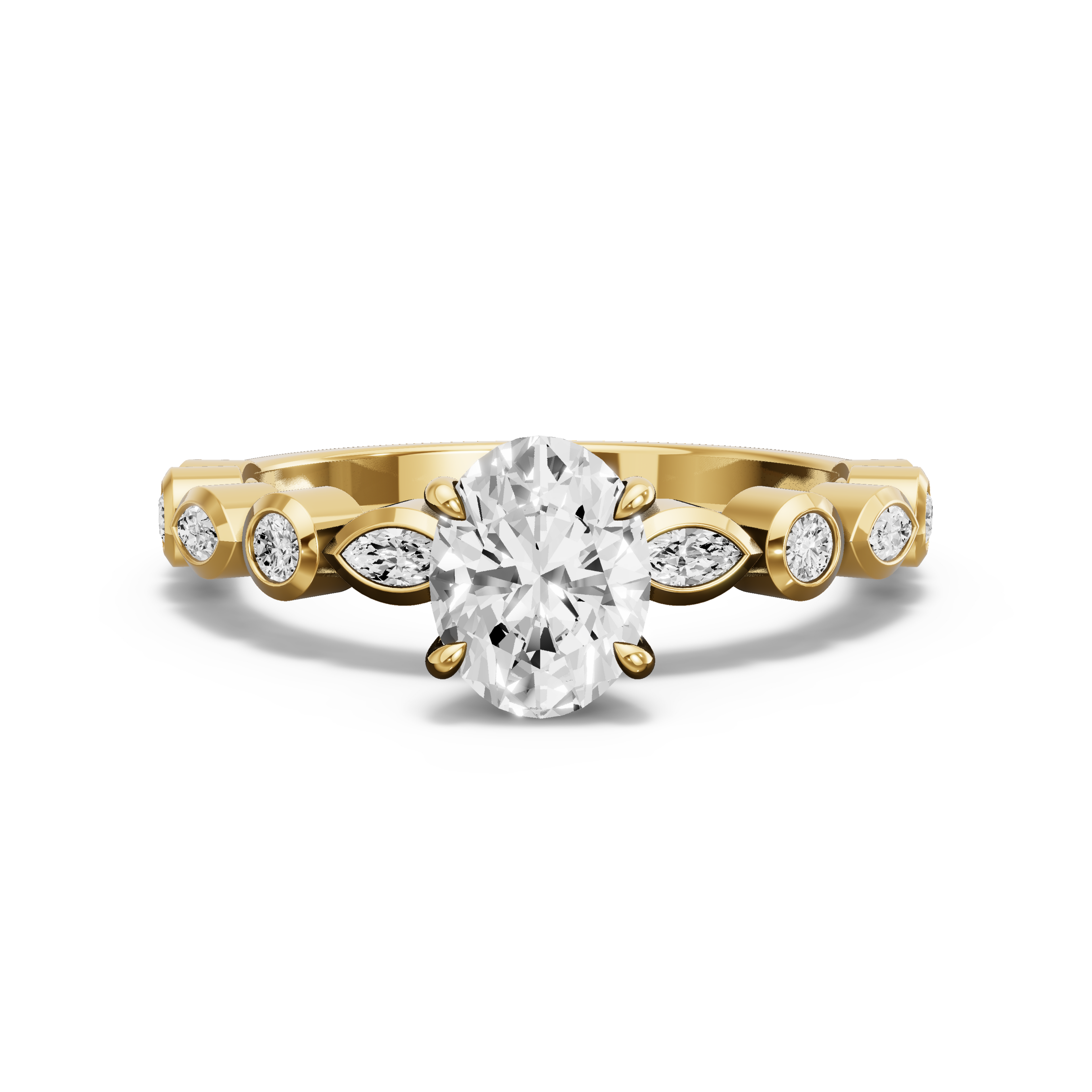 Image for Oval Four Prong Ring with Alternating Marquise band in 14K Yellow Gold