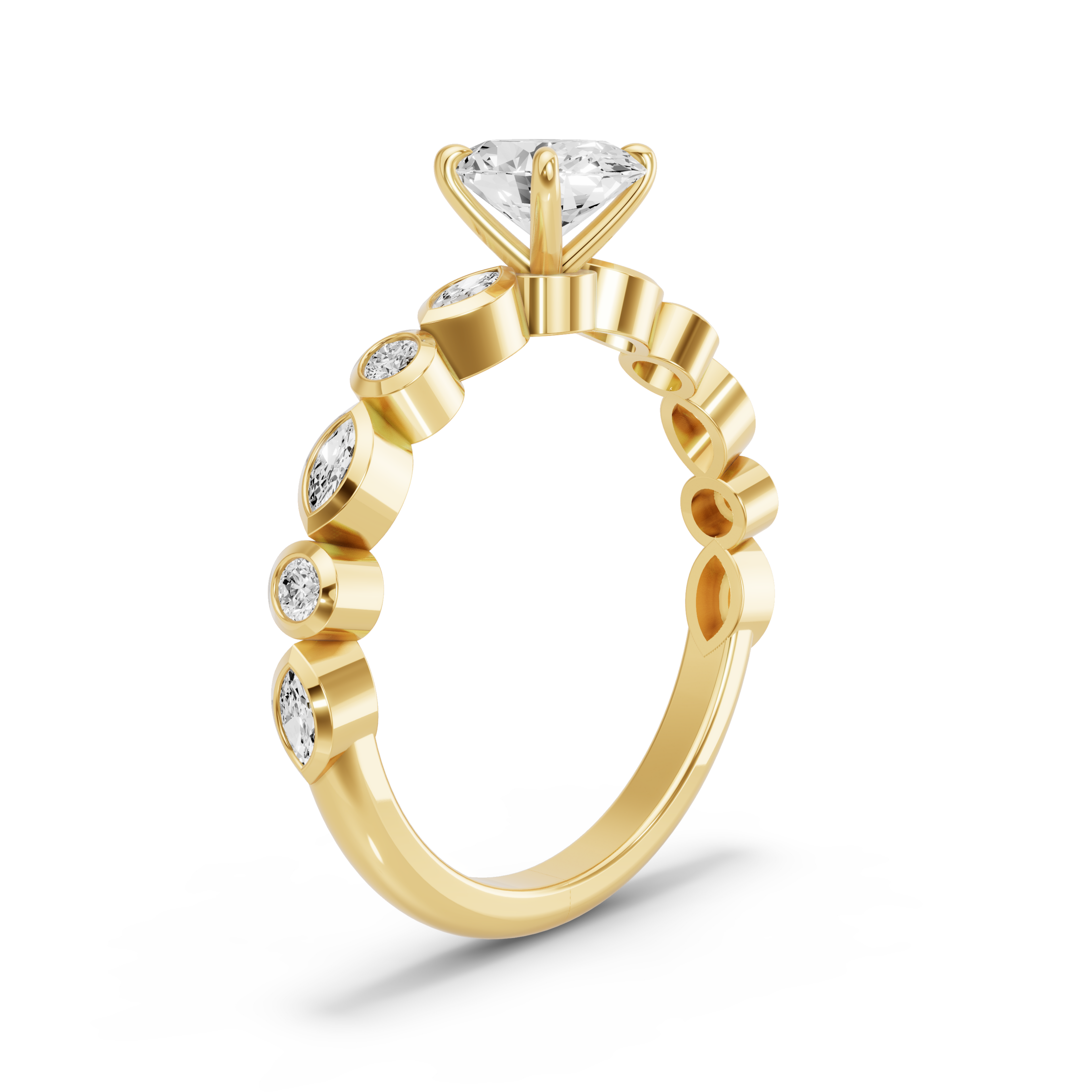 Image for Oval Four Prong Ring with Alternating Marquise band in 18K Yellow Gold