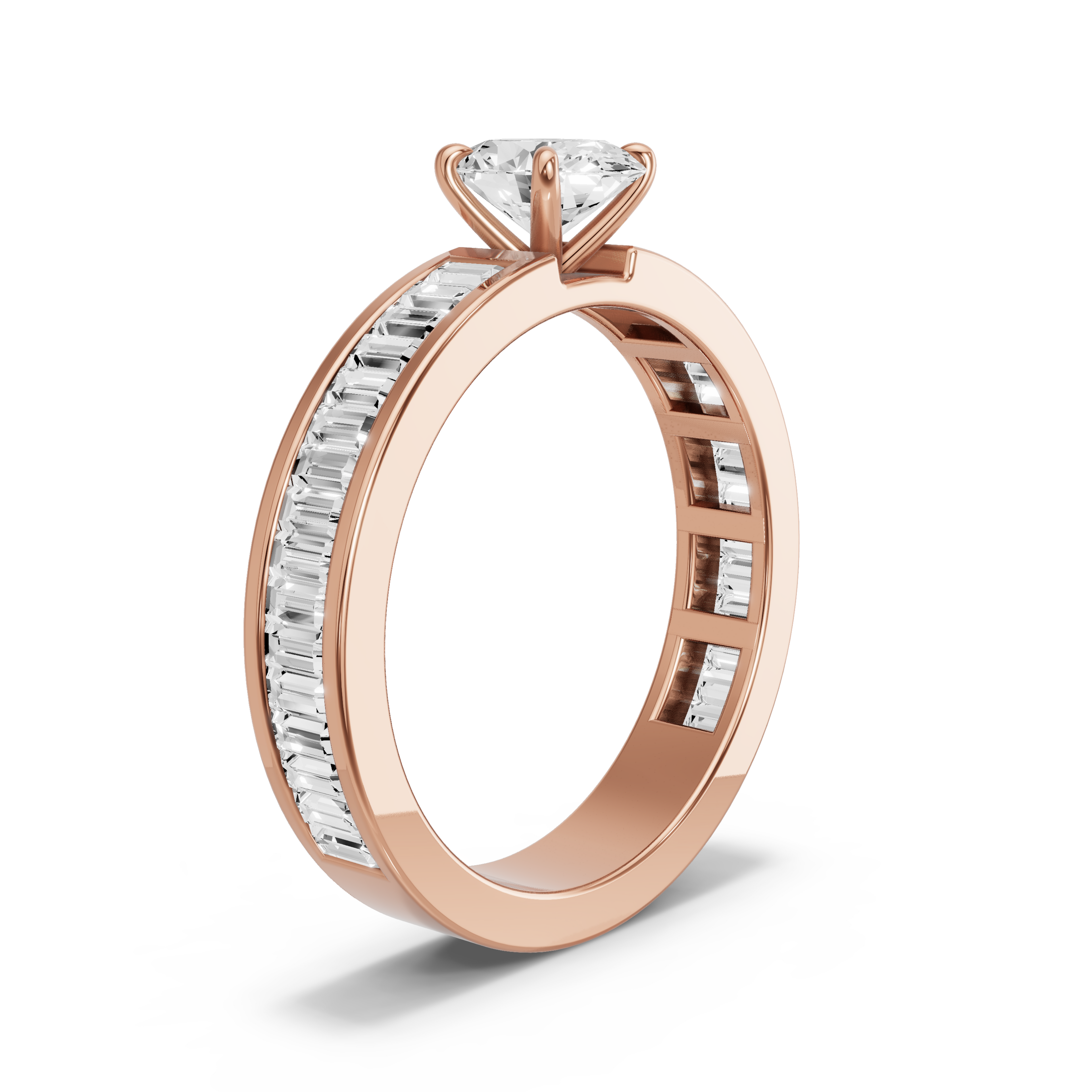 Image for Oval Four Prong Ring with Baguette Channel band in 18K Rose Gold