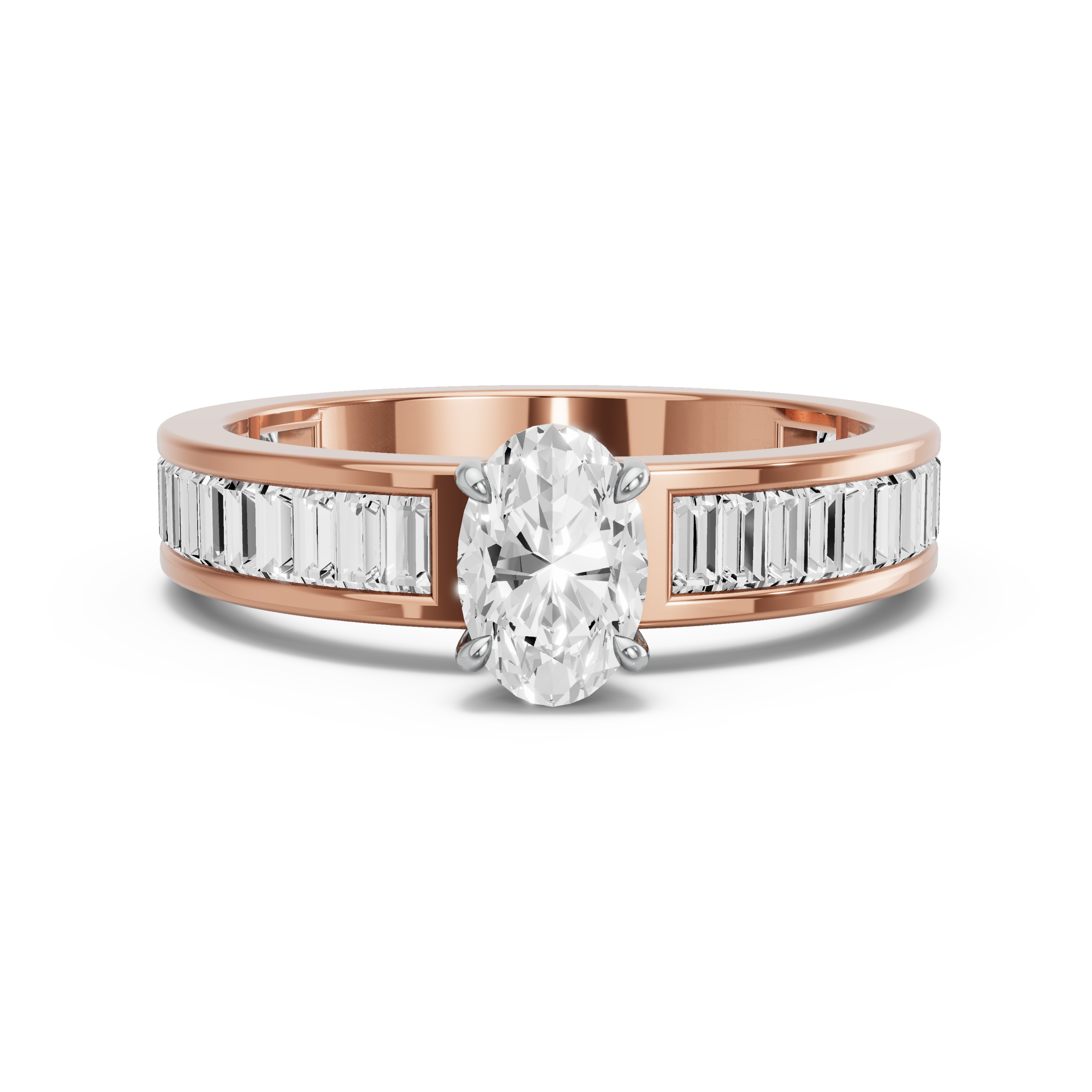 Image for Oval Four Prong Ring with Baguette Channel band in 10K Two Tone Rose Gold