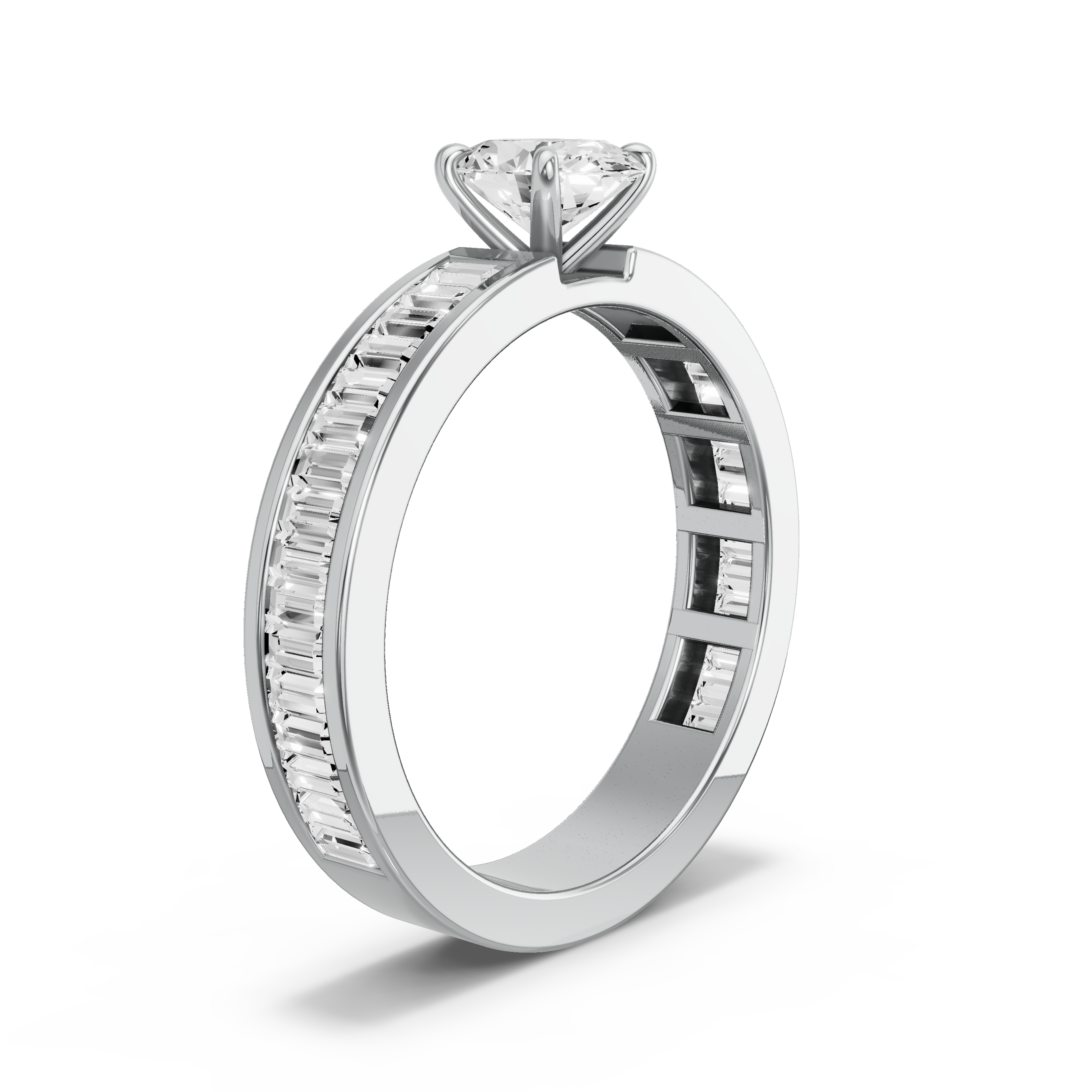 Image for Oval Four Prong Ring with Baguette Channel band in 18K White Gold