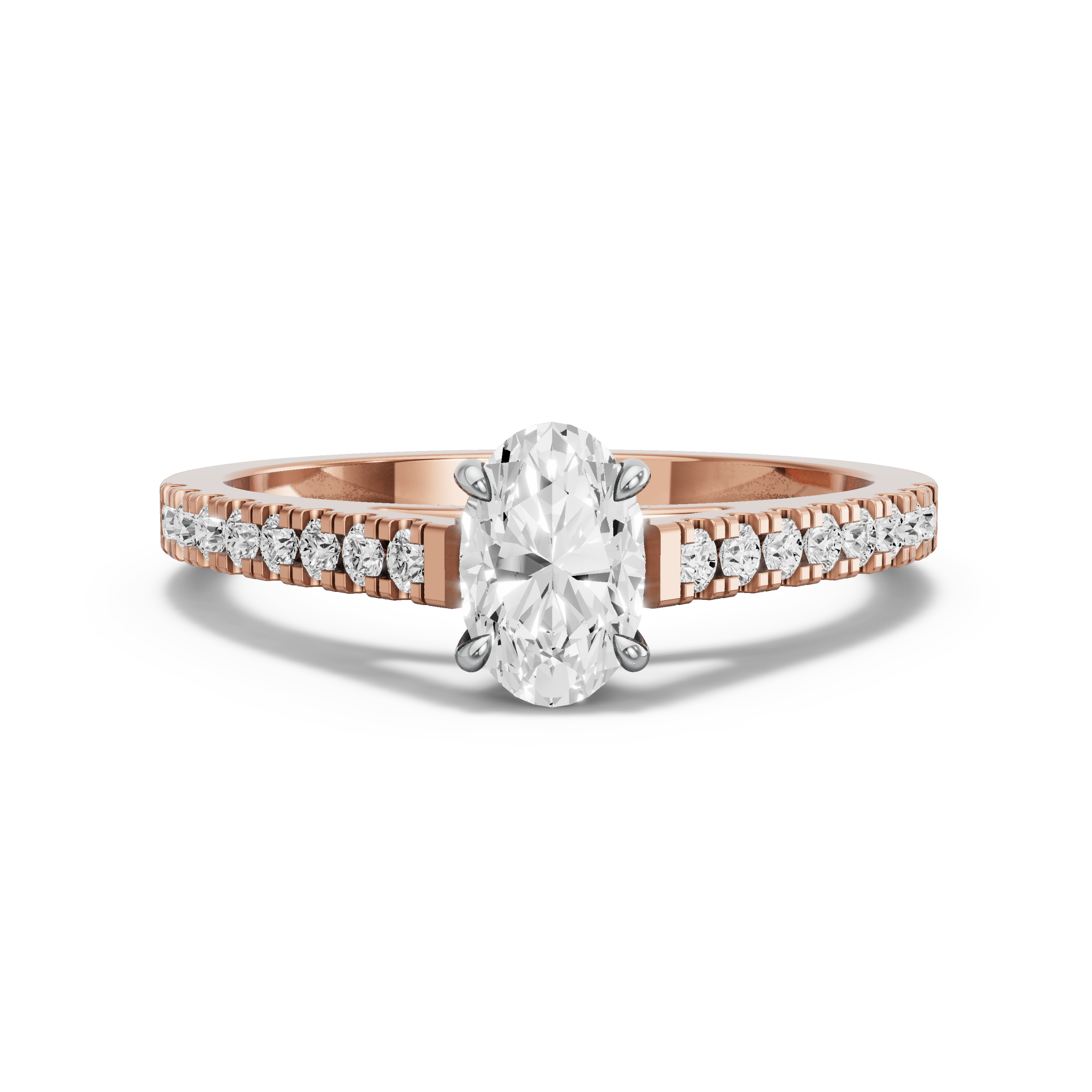 Image for Oval Four Prong Ring with Cathedral Pave band in 18K Two Tone Rose Gold