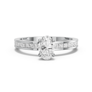 Image for Oval Four Prong Ring with Channel band in 18K White Gold