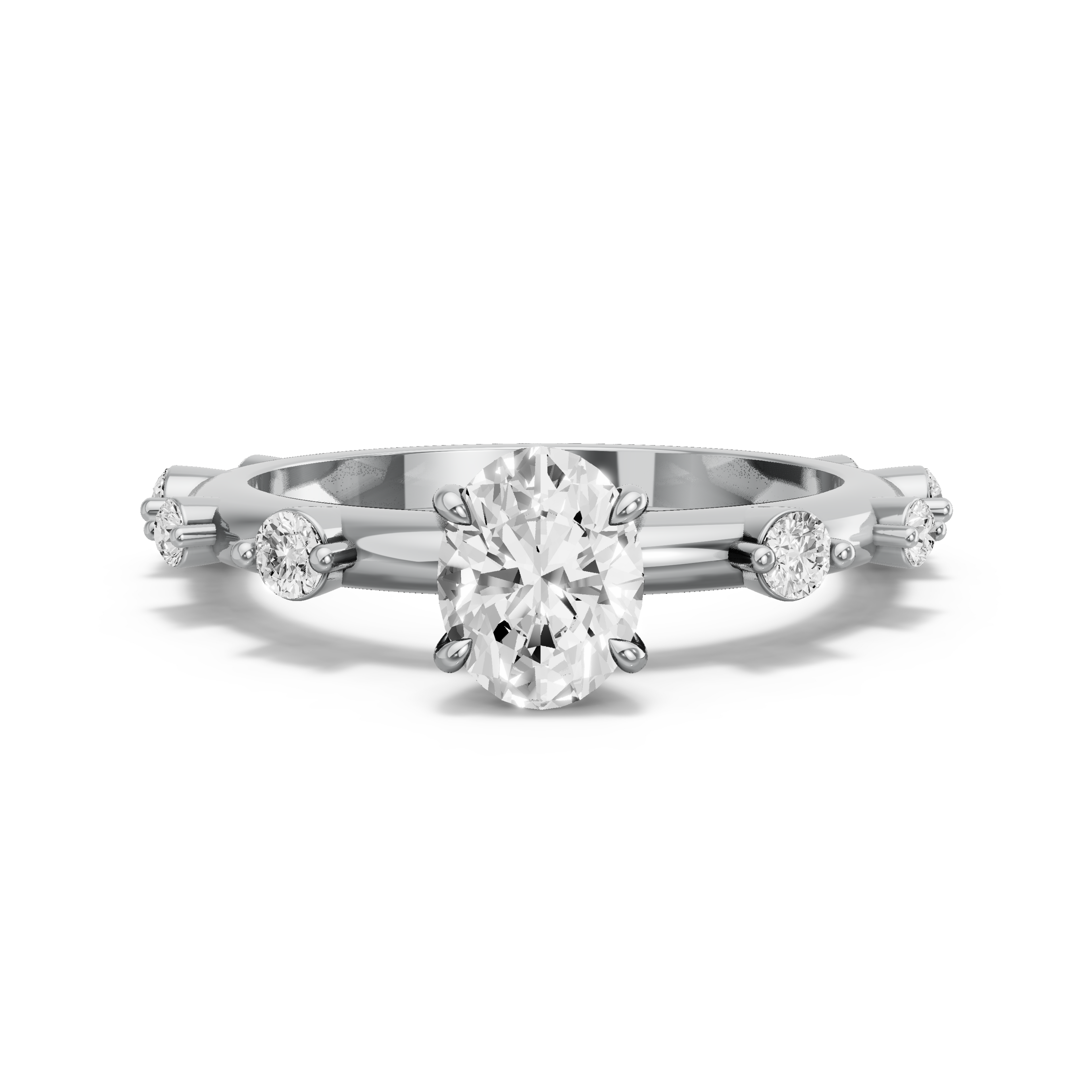 Image for Oval Four Prong Ring with Floating Station band in 10K White Gold