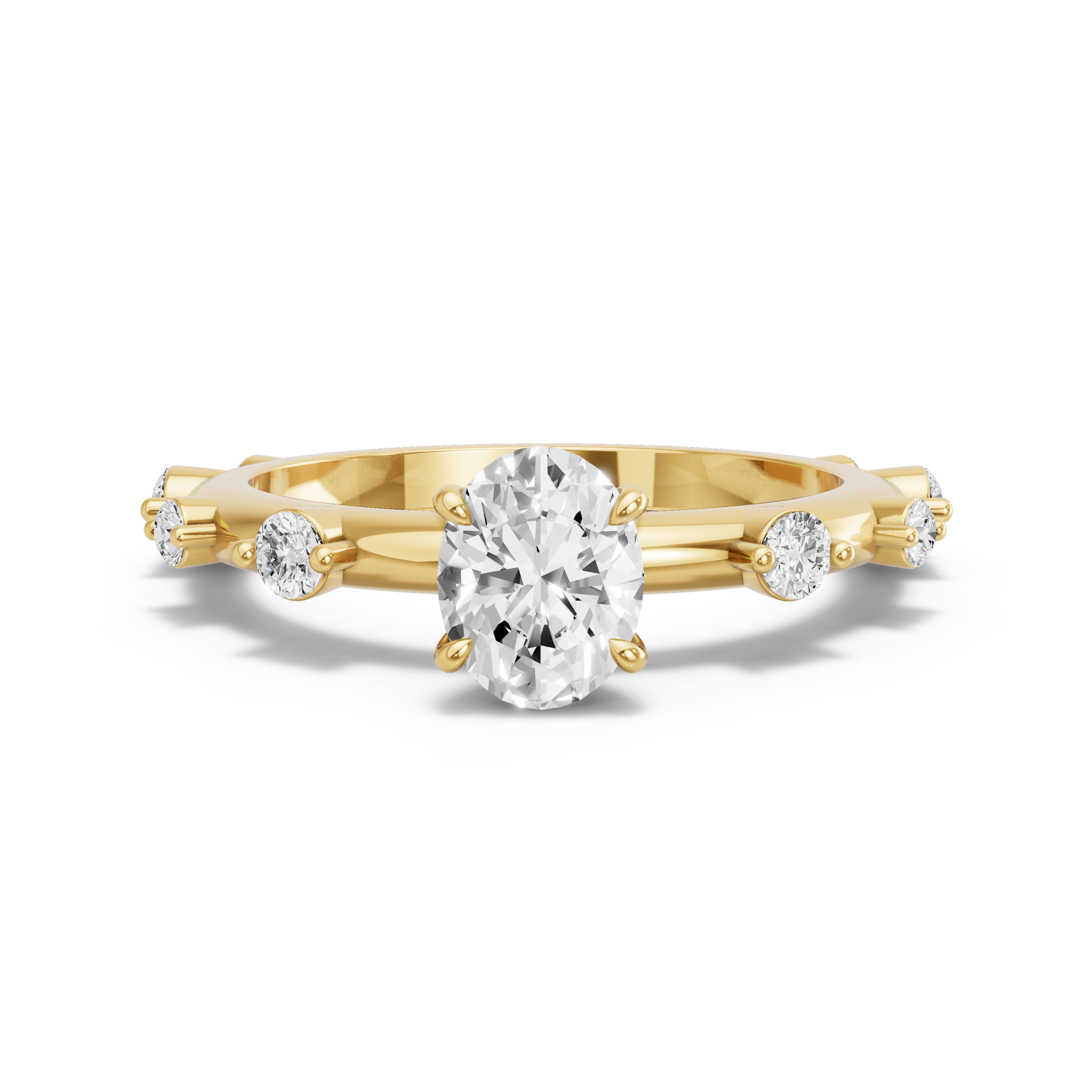 Image for Oval Four Prong Ring with Floating Station band in 10K Yellow Gold