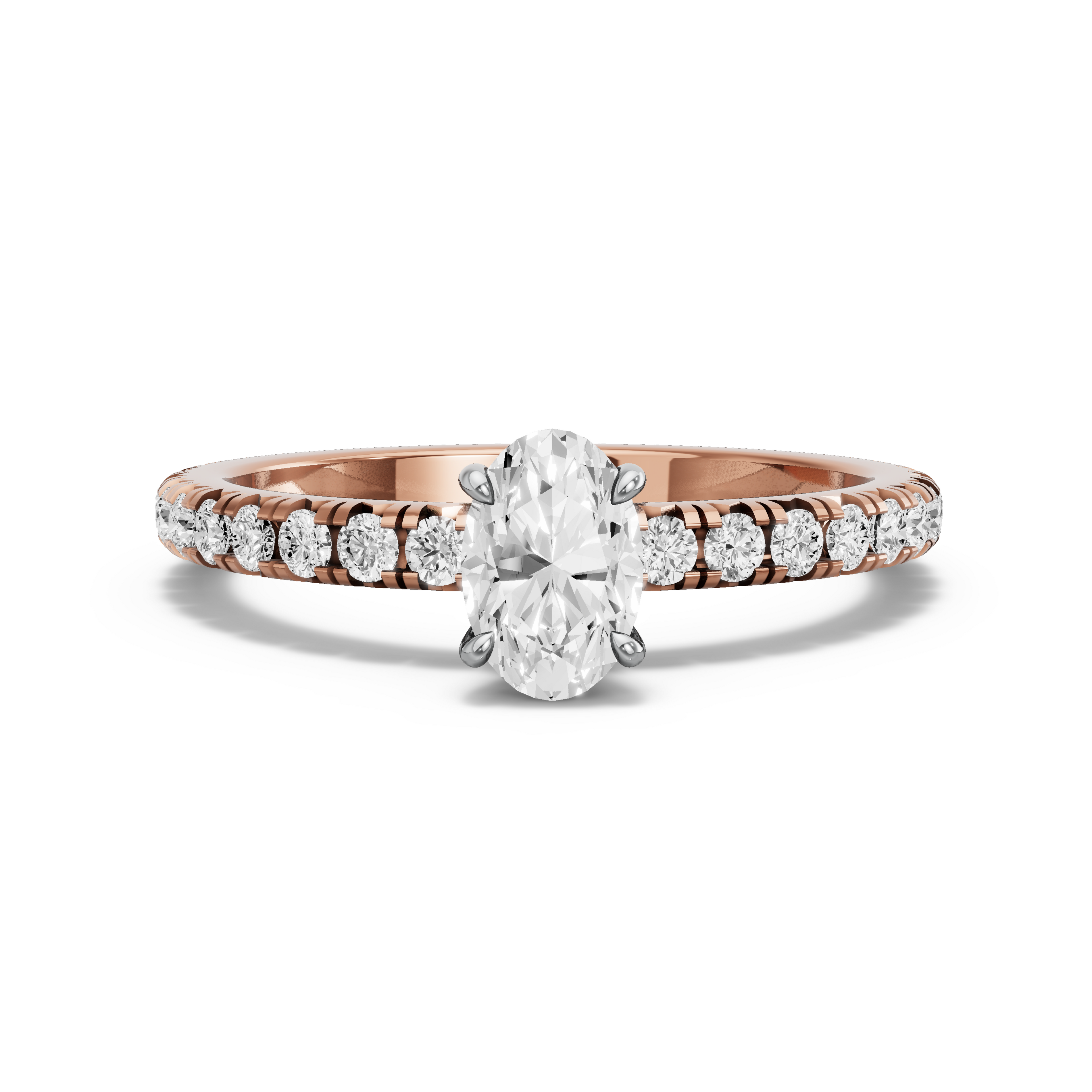 Image for Oval Four Prong Ring with French Pave band in 18K Two Tone Rose Gold