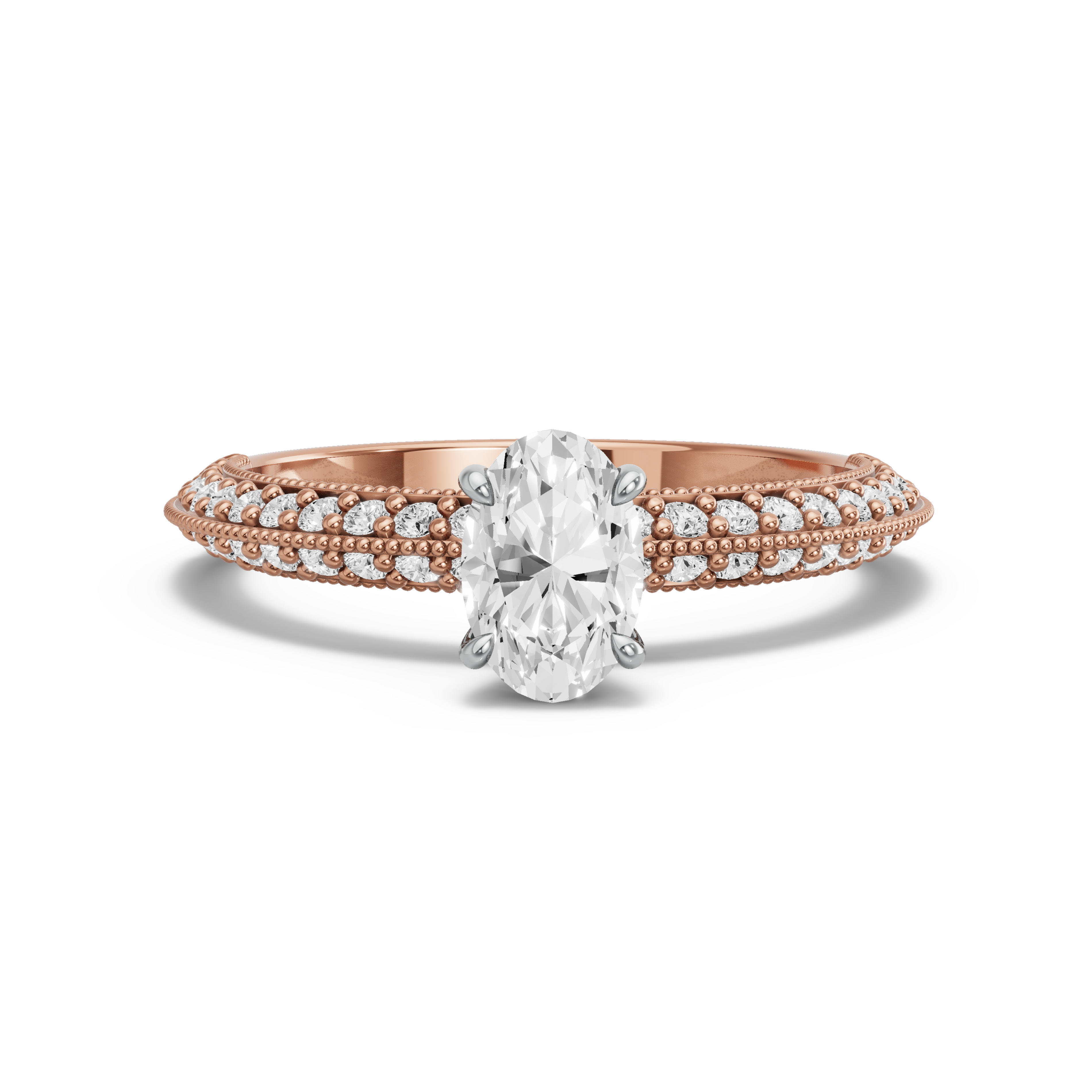 Image for Oval Four Prong Ring with Knife Edge Pave band in 14K Two Tone Rose Gold