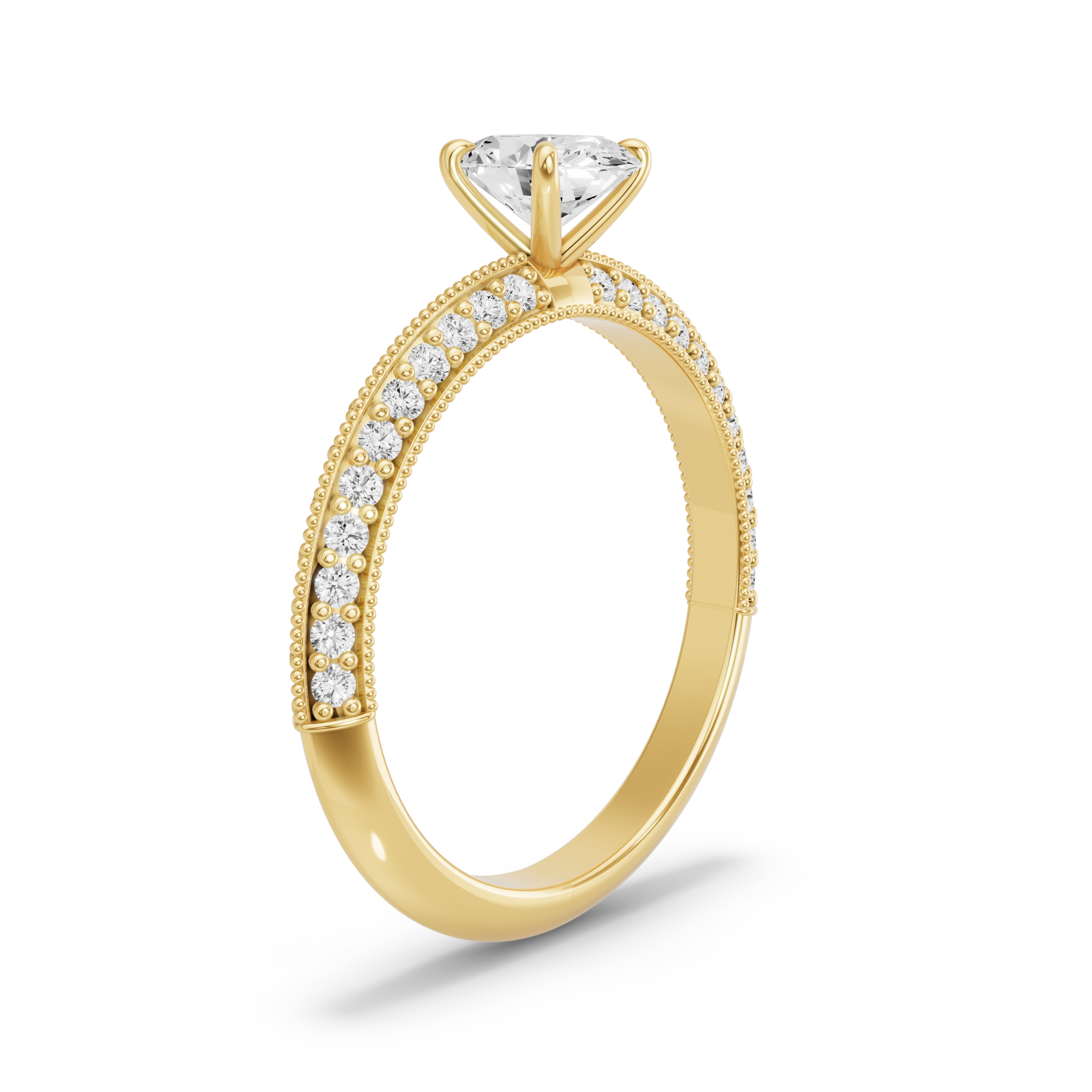 Image for Oval Four Prong Ring with Knife Edge Pave band in 18K Yellow Gold