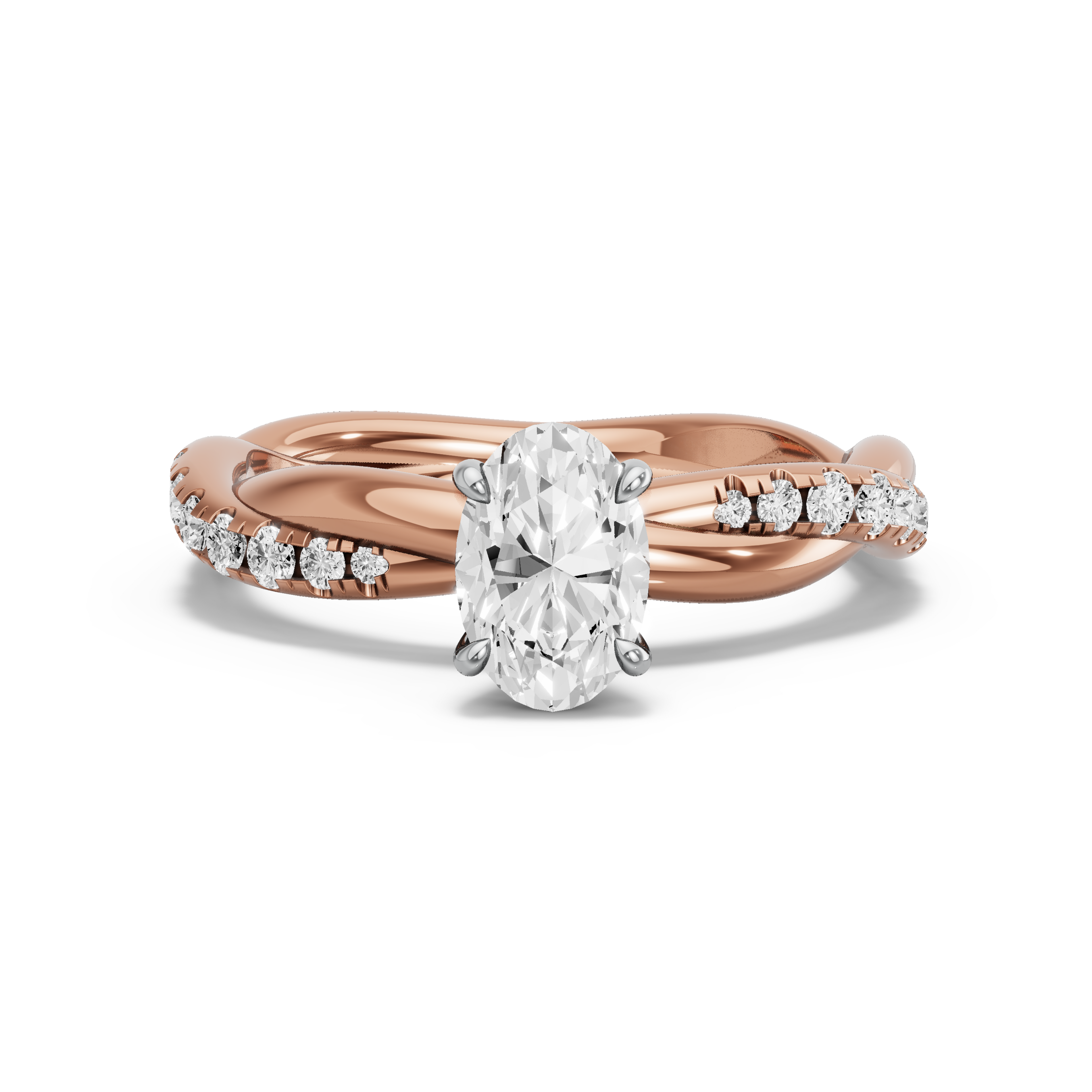 Image for Oval Four Prong Ring with Rope Pave band in 18K Two Tone Rose Gold