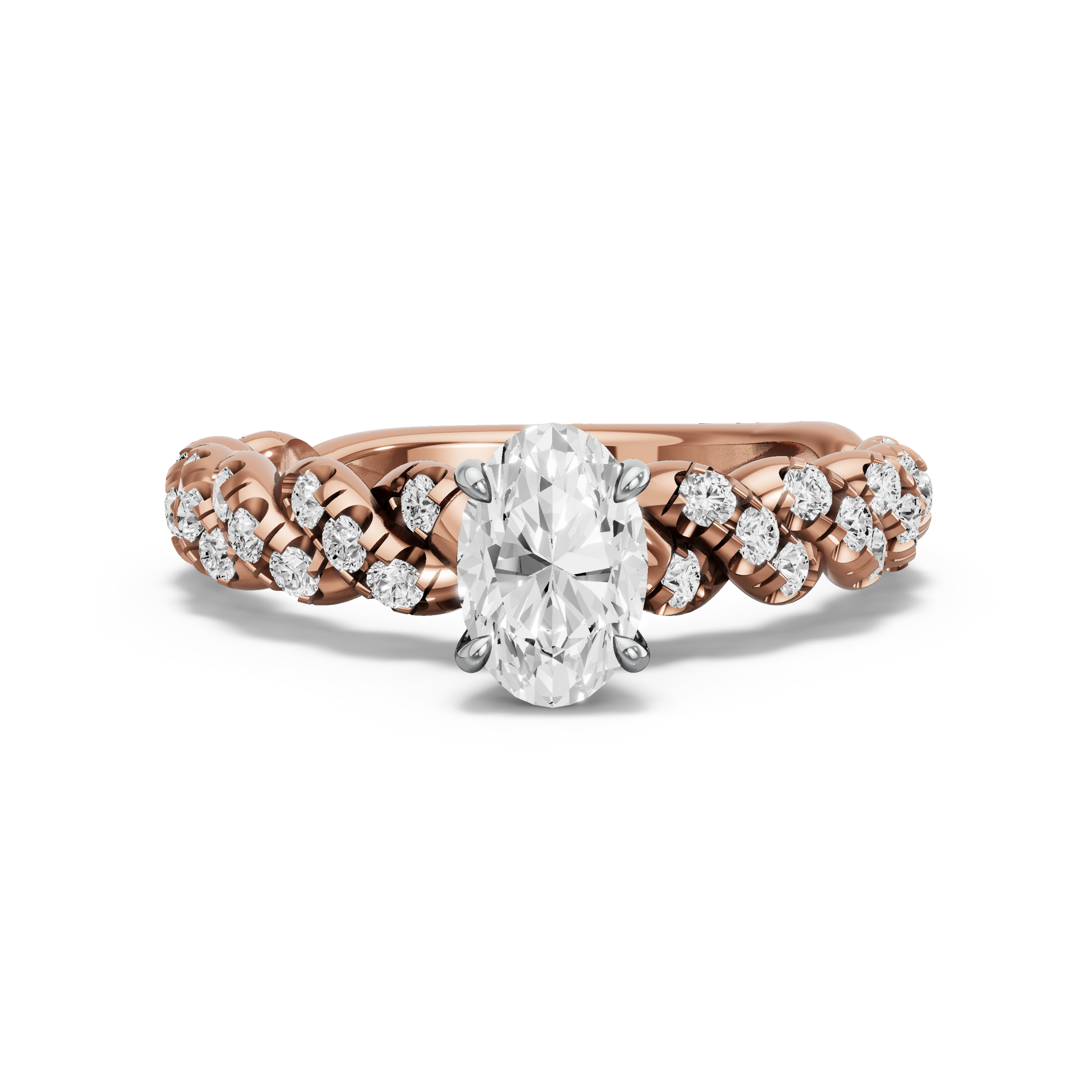 Image for Oval Four Prong Ring with Twist Pave band in 14K Two Tone Rose Gold