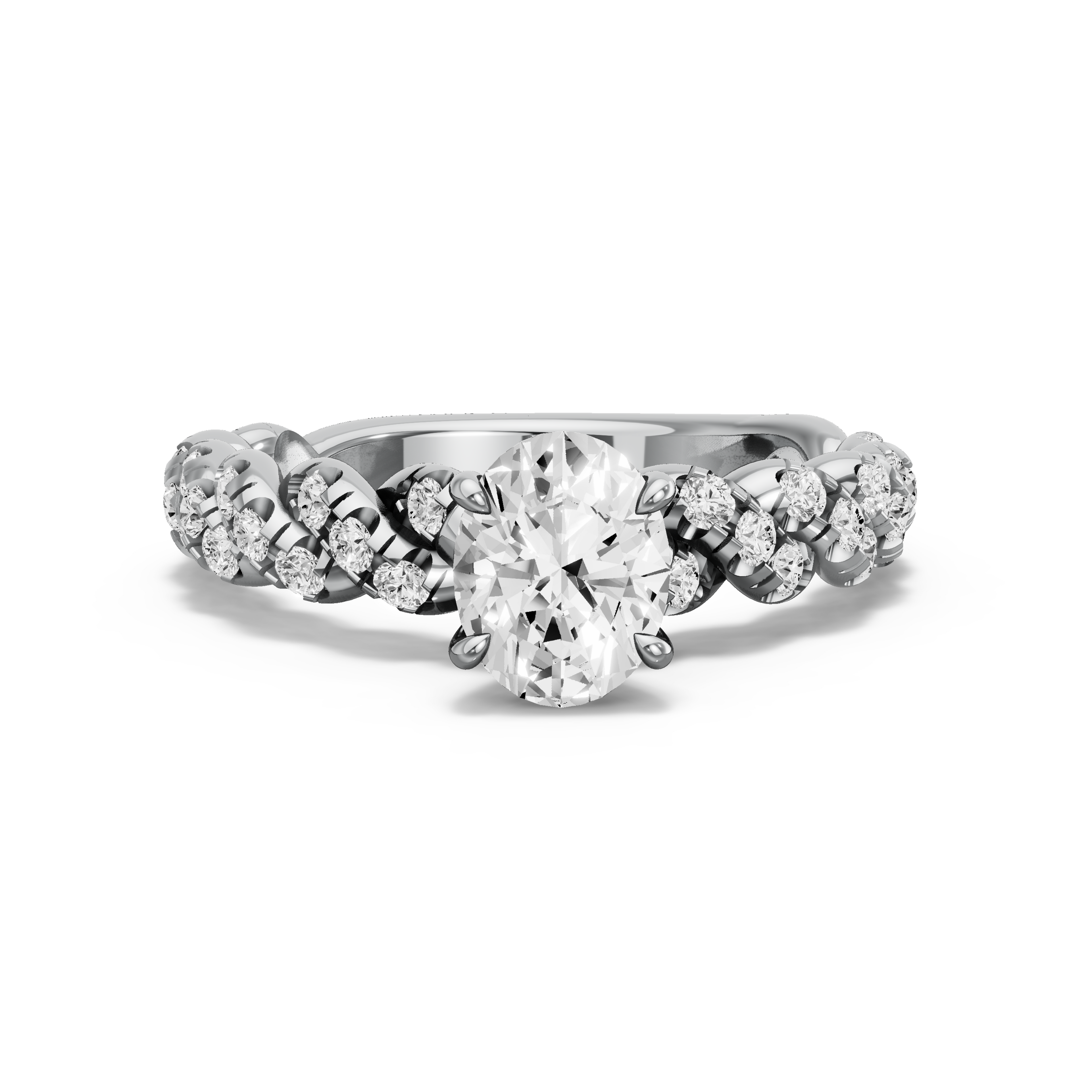 Image for Oval Four Prong Ring with Twist Pave band in 10K White Gold