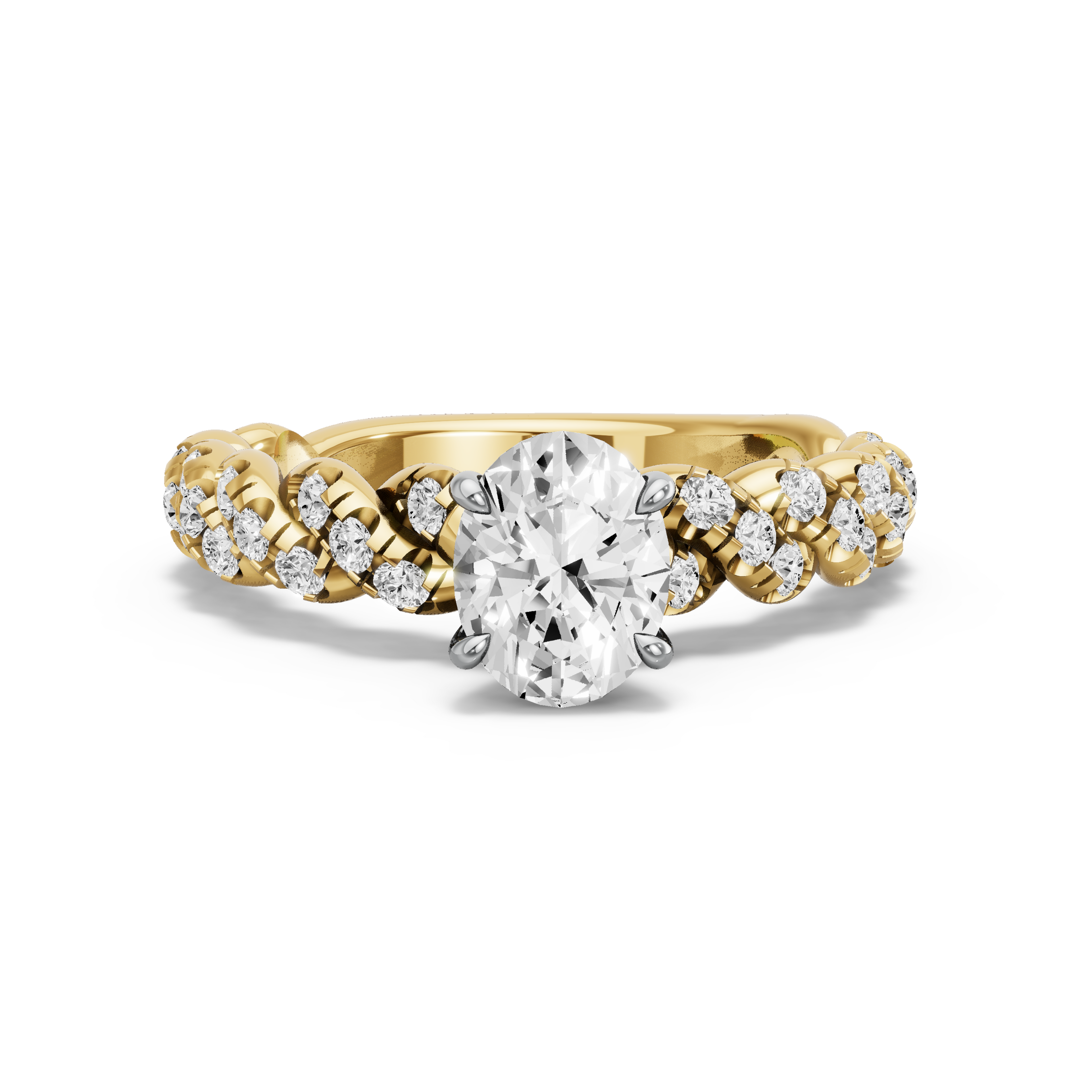 Image for Oval Four Prong Ring with Twist Pave band in 18K Two Tone Yellow Gold