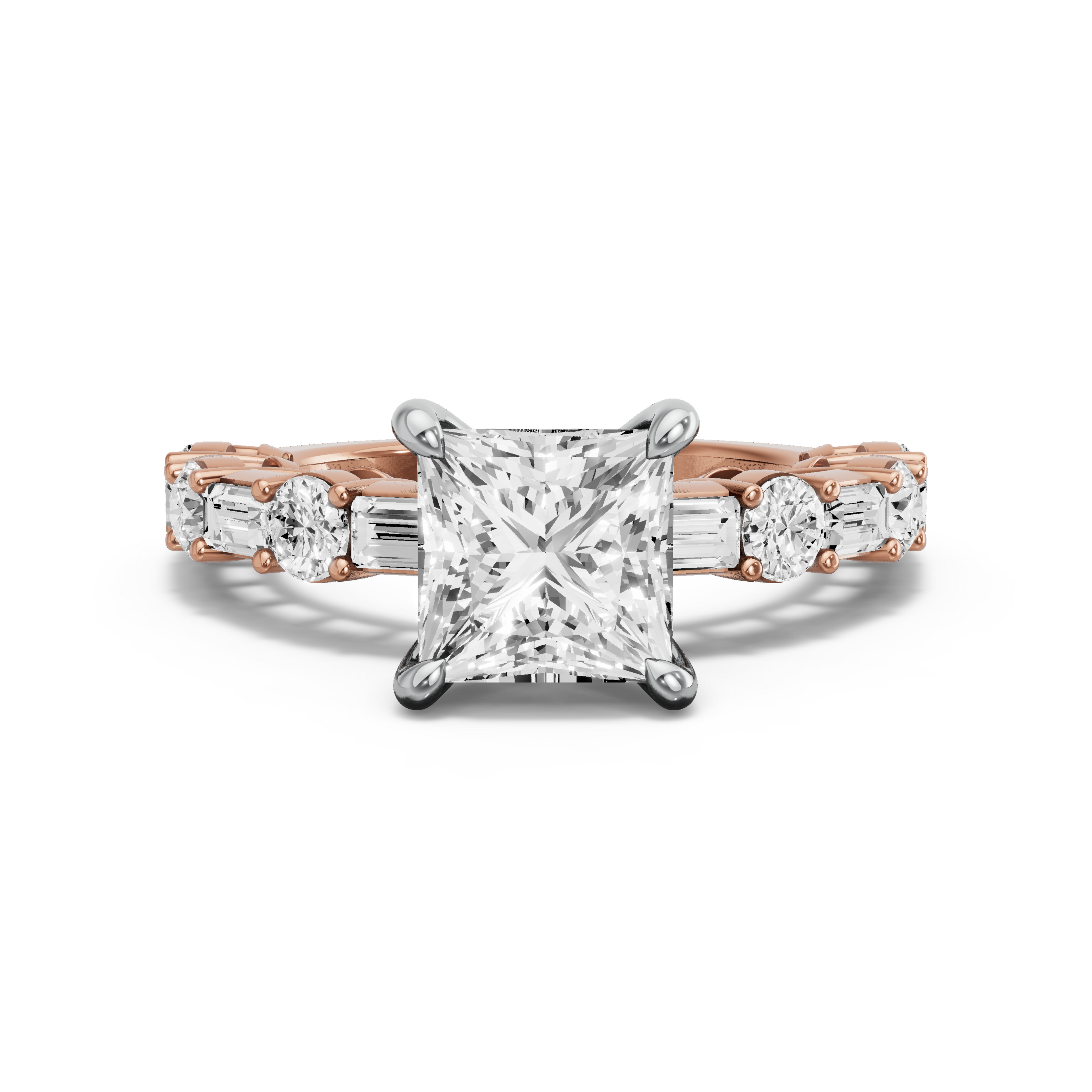 Image for Princess Four Prong Ring with Alternating Baguette band in 10K Two Tone Yellow Gold