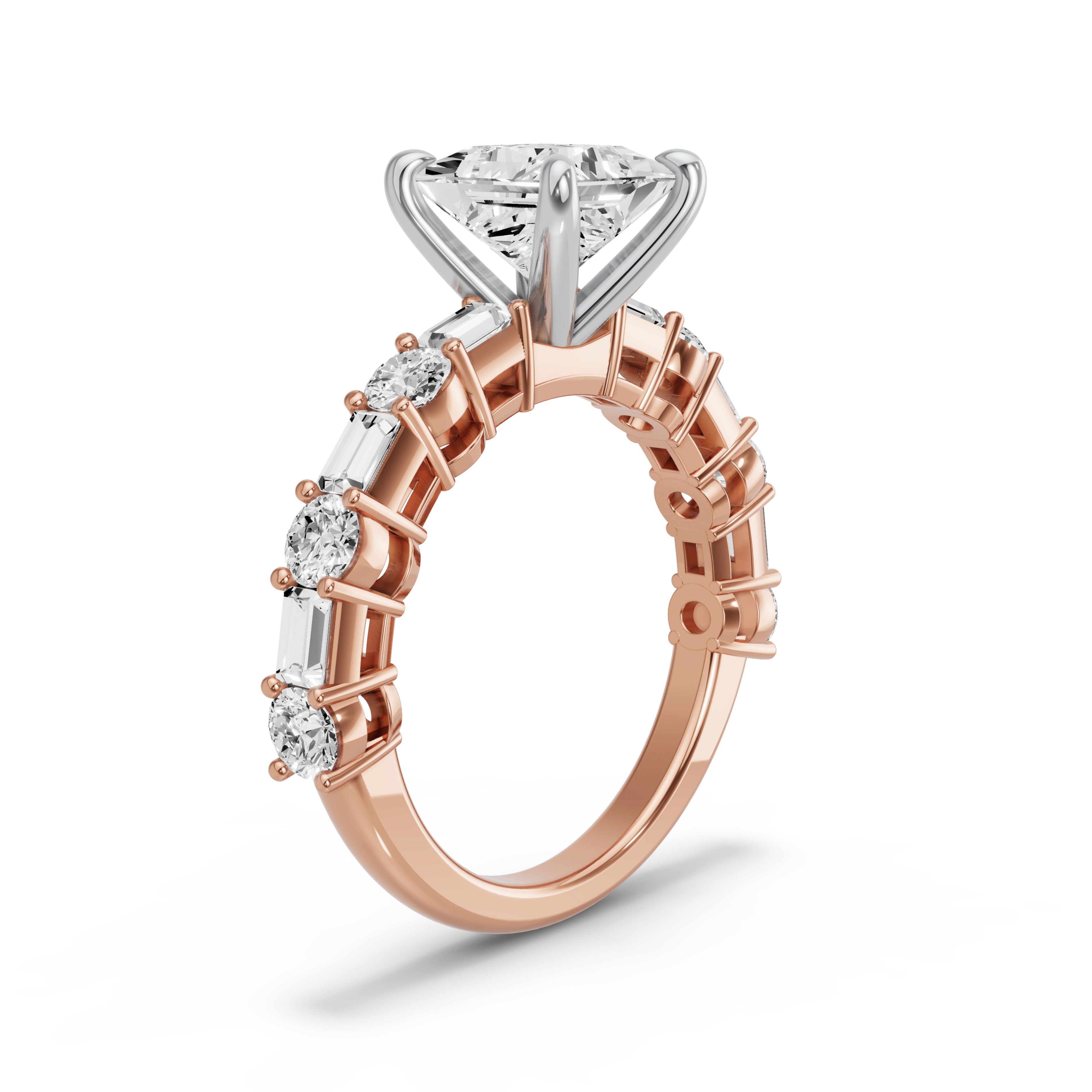 Image for Princess Four Prong Ring with Alternating Baguette band in 10K Two Tone Yellow Gold