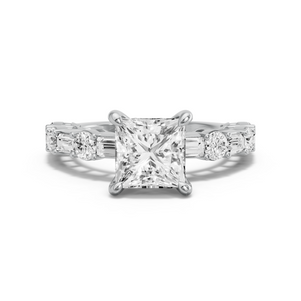 Image for Princess Four Prong Ring with Alternating Baguette band in 18K White Gold