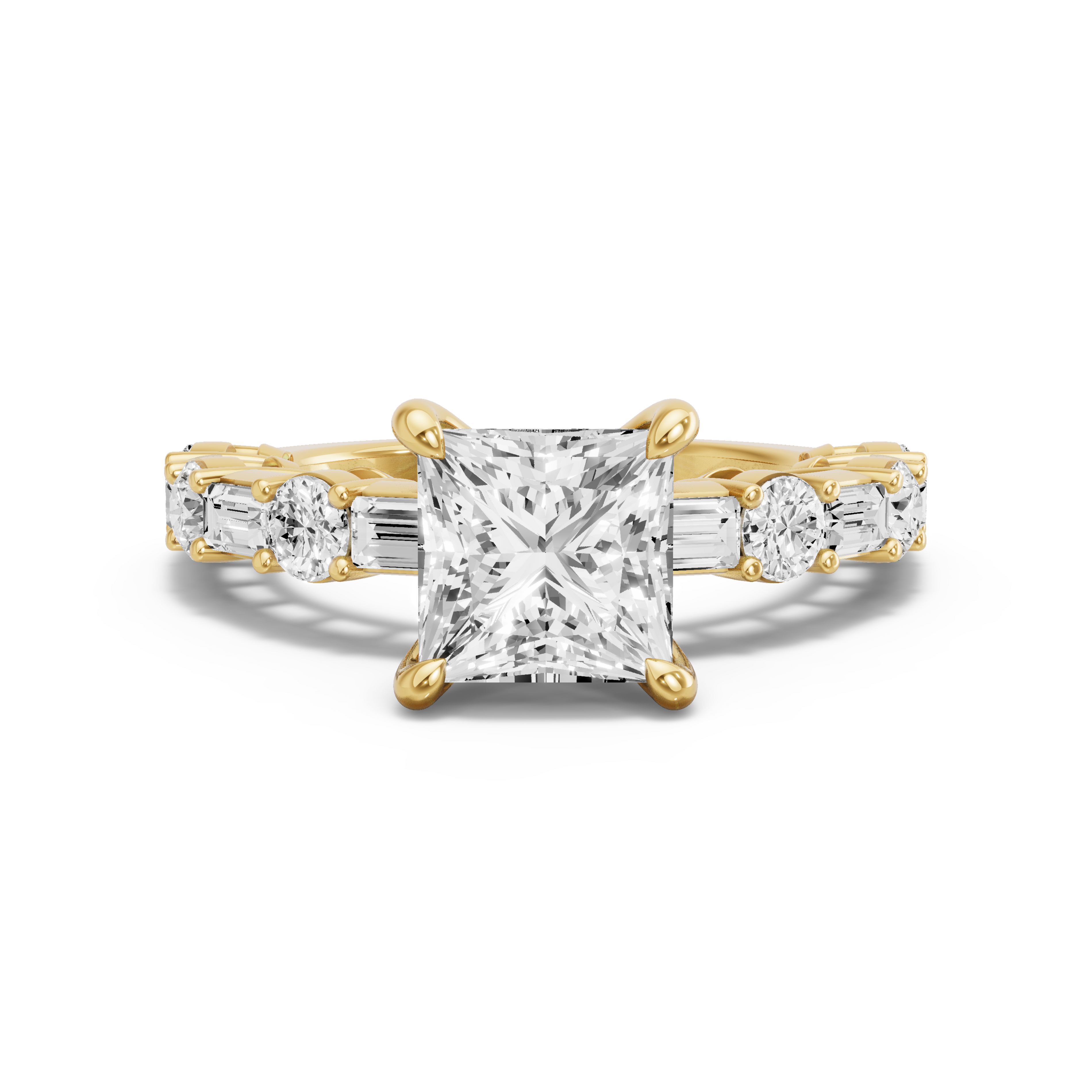 Image for Princess Four Prong Ring with Alternating Baguette band in 10K White Gold