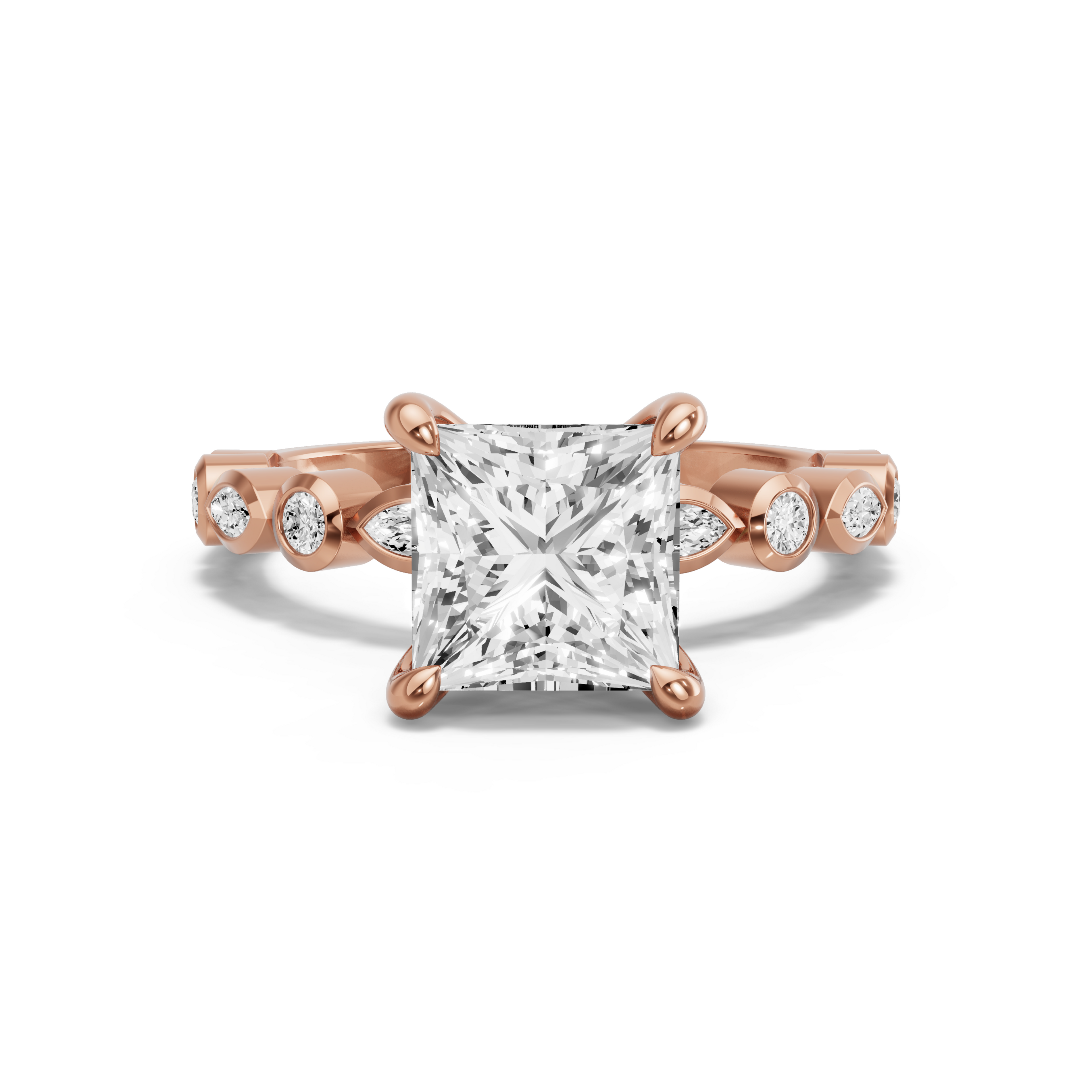 Image for Princess Four Prong Ring with Alternating Marquise band in 18K Yellow Gold