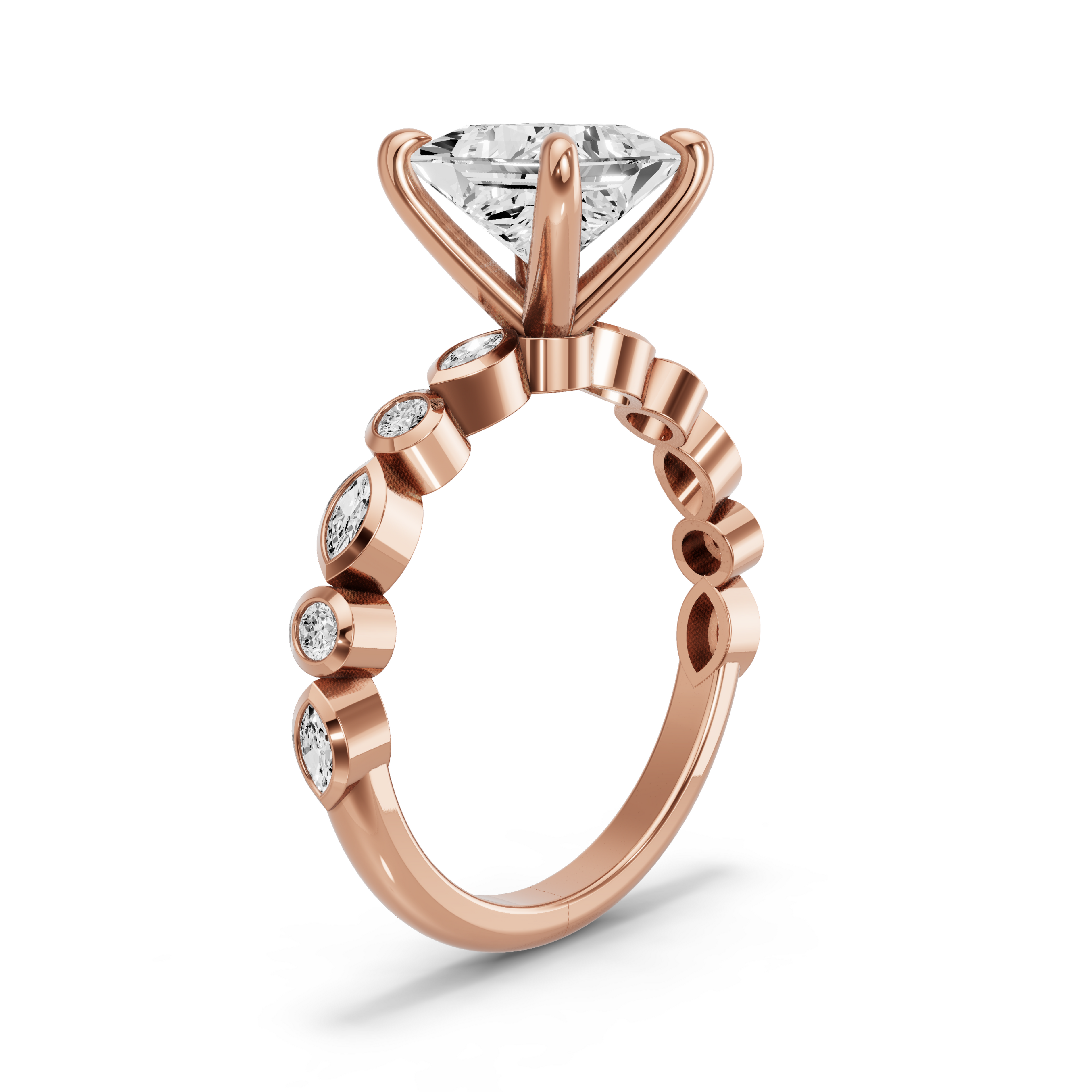 Image for Princess Four Prong Ring with Alternating Marquise band in 14K Yellow Gold