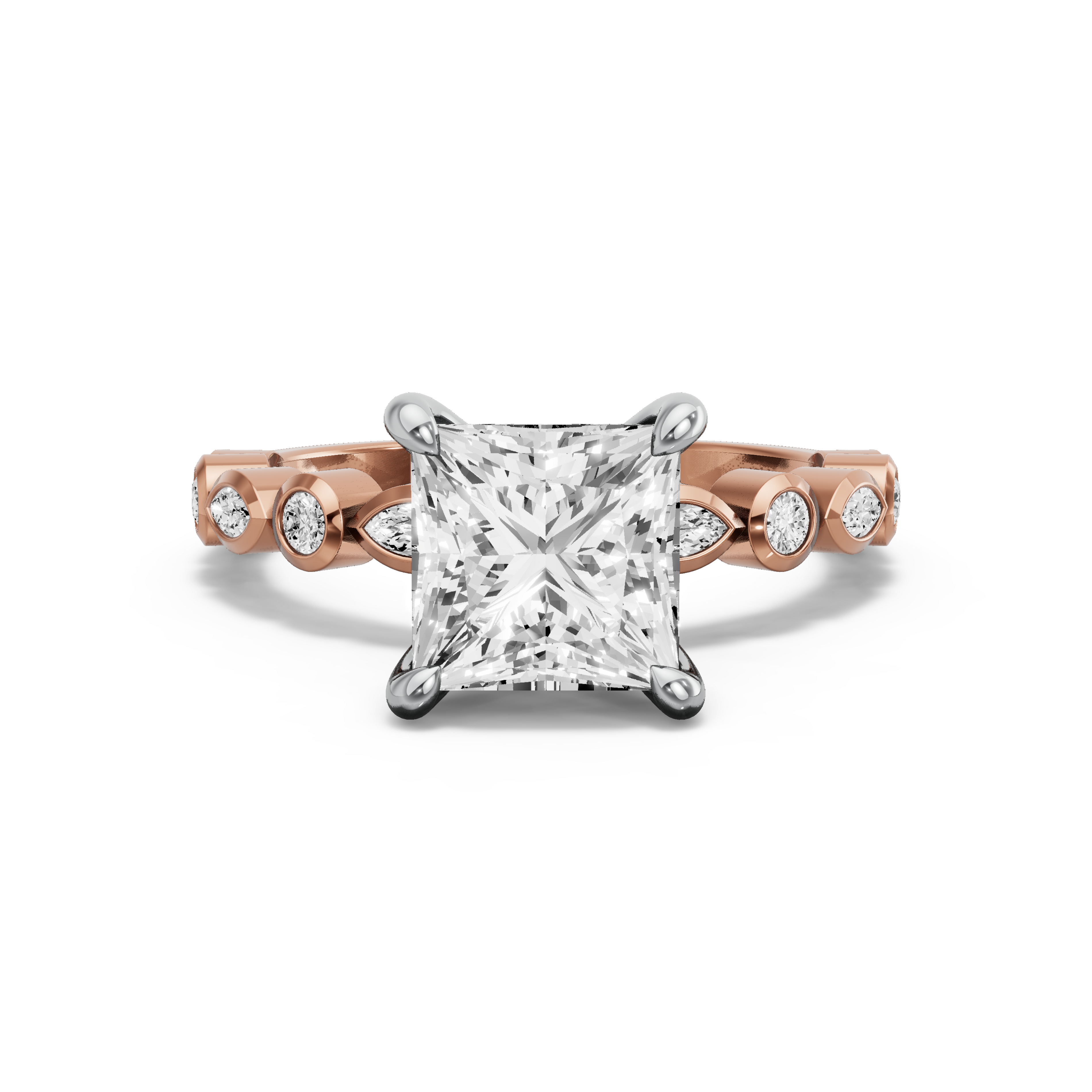 Image for Princess Four Prong Ring with Alternating Marquise band in 14K Two Tone Yellow Gold