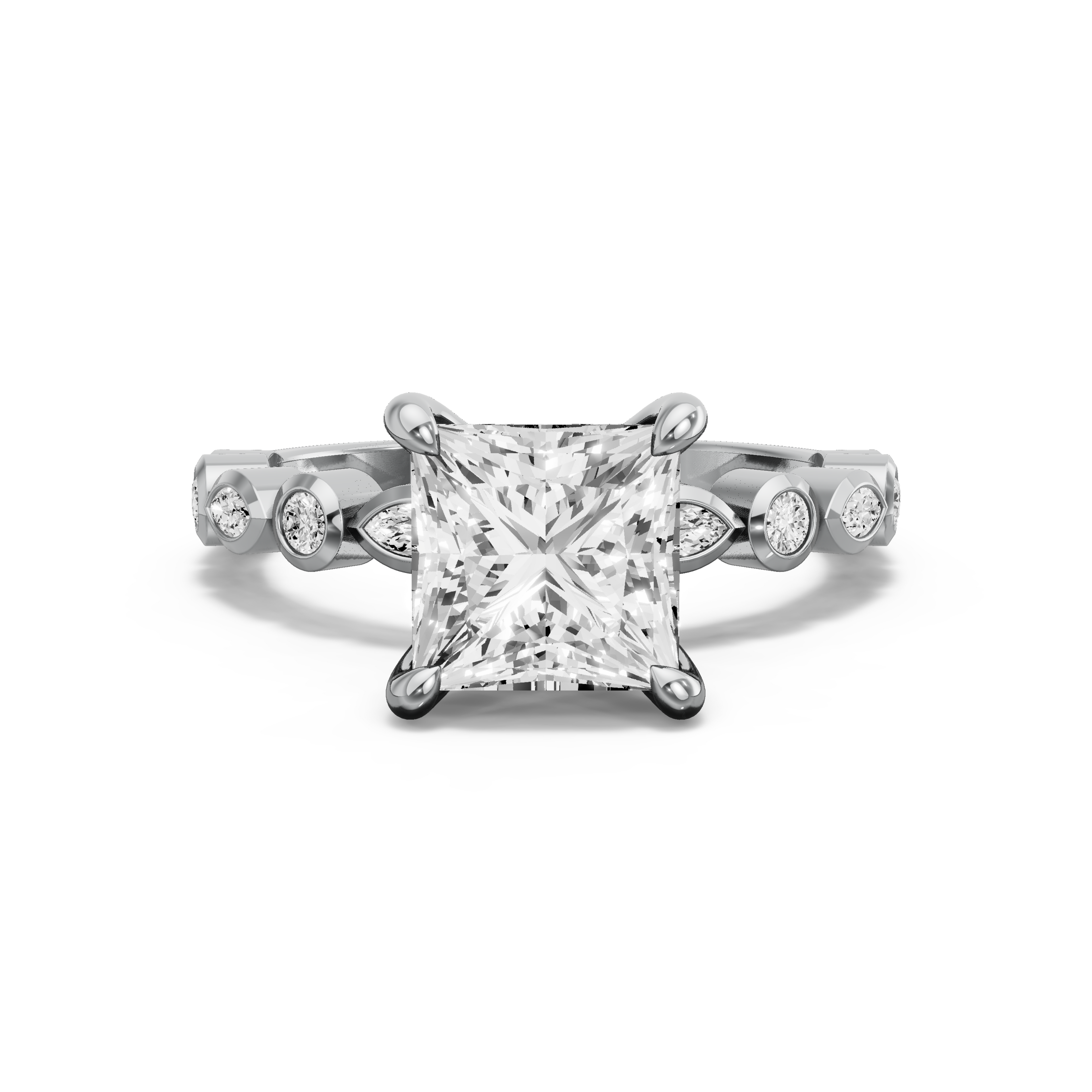 Image for Princess Four Prong Ring with Alternating Baguette band in 950 Platinum