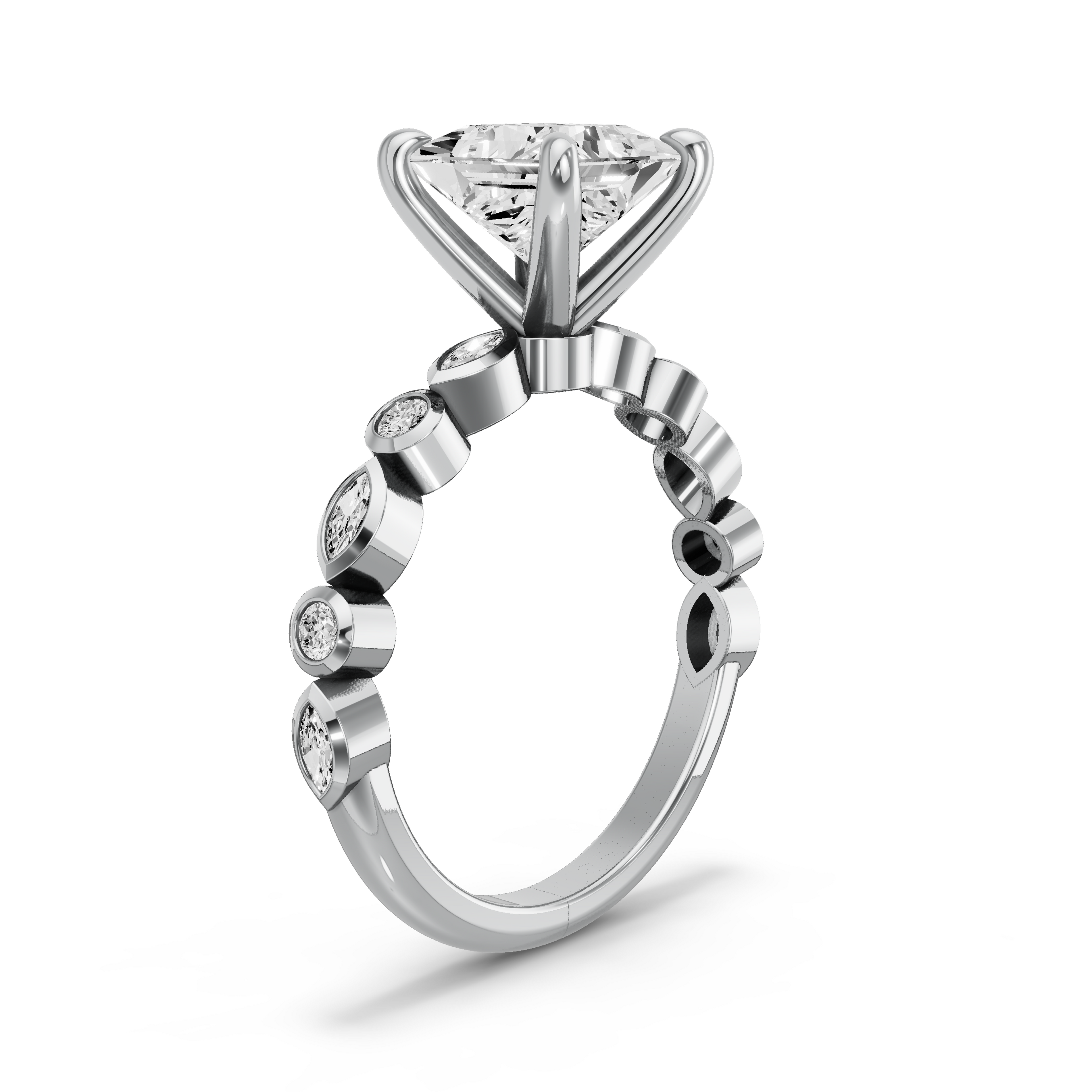 Image for Princess Four Prong Ring with Alternating Baguette band in 950 Platinum