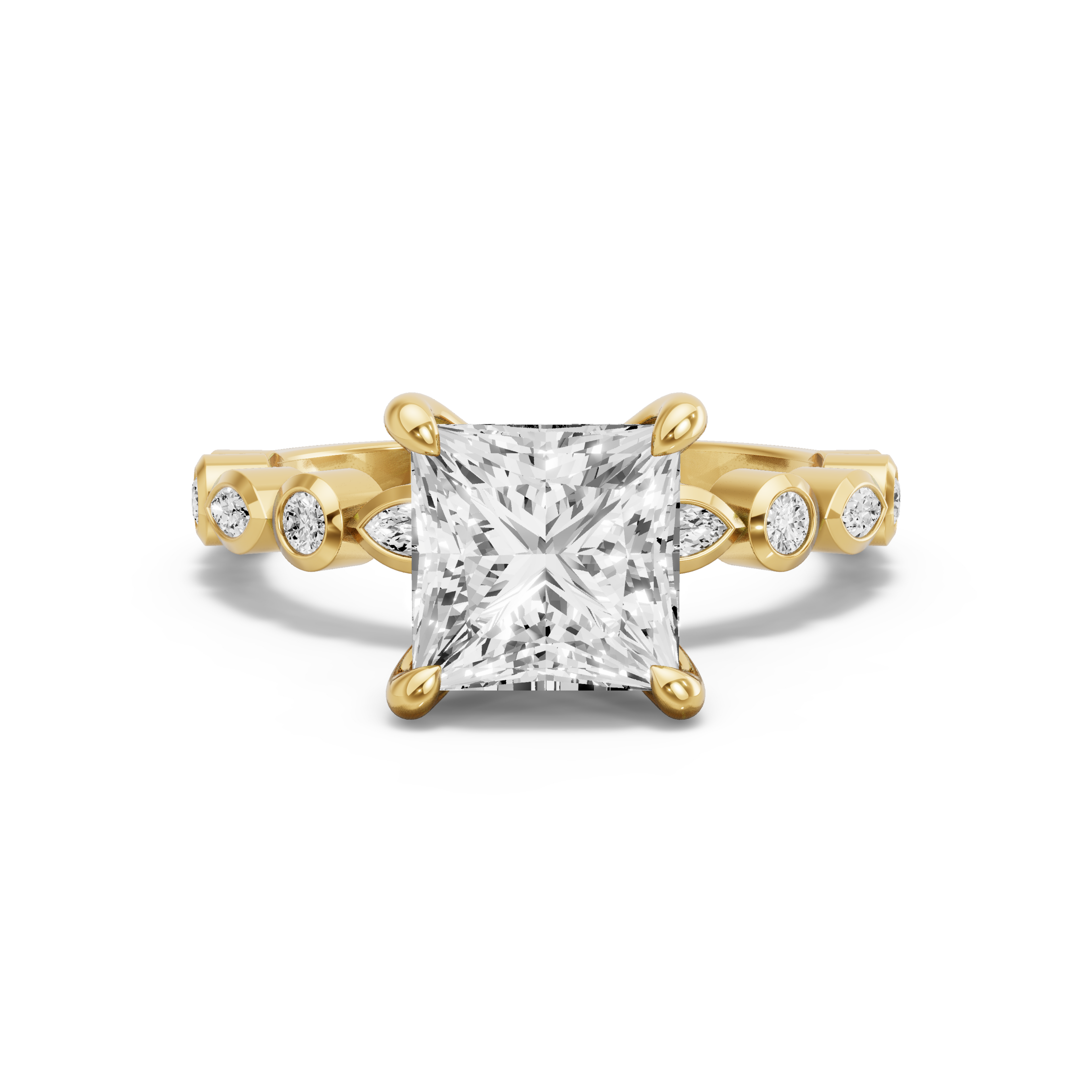 Image for Princess Four Prong Ring with Alternating Marquise band in 14K White Gold