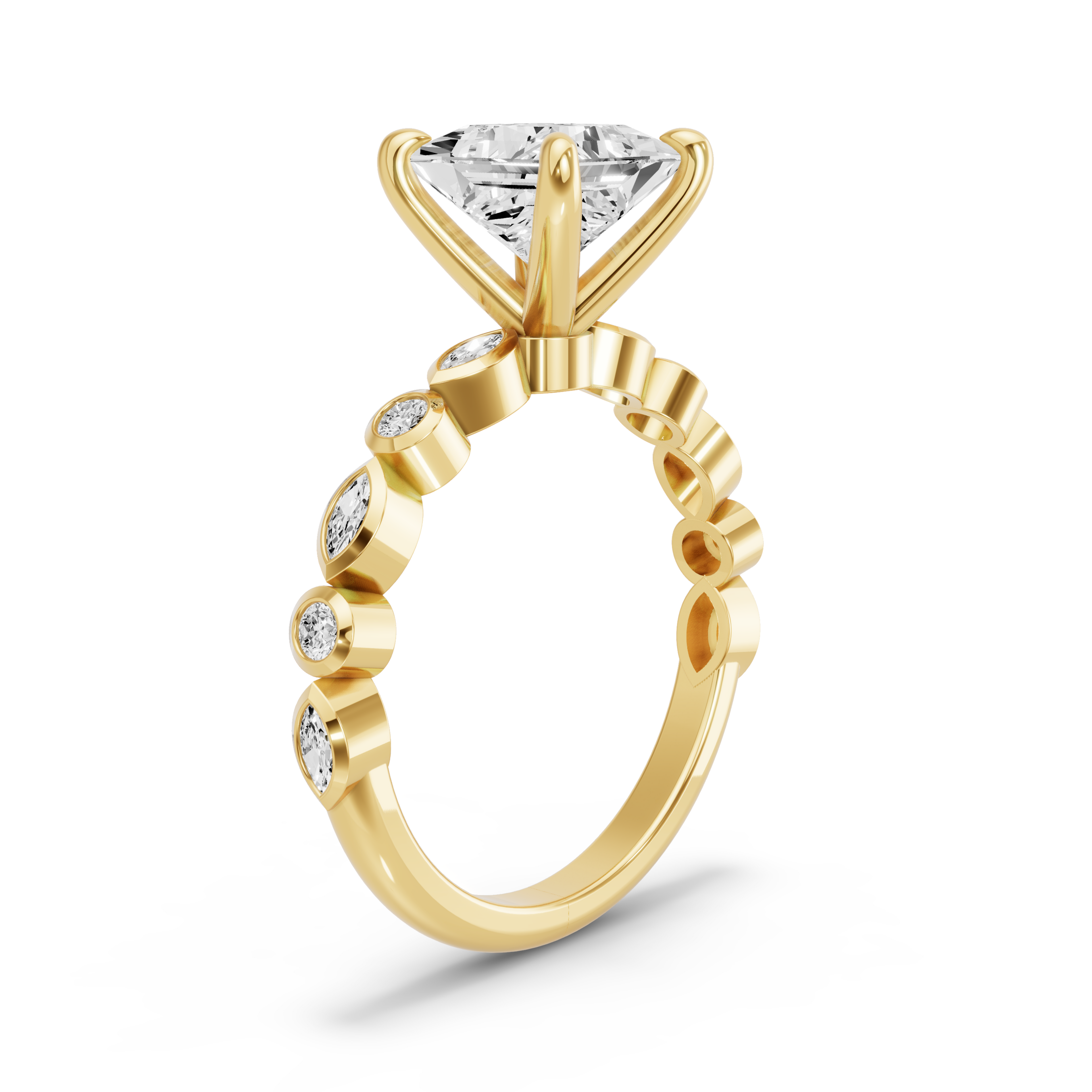 Image for Princess Four Prong Ring with Alternating Marquise band in 18K White Gold