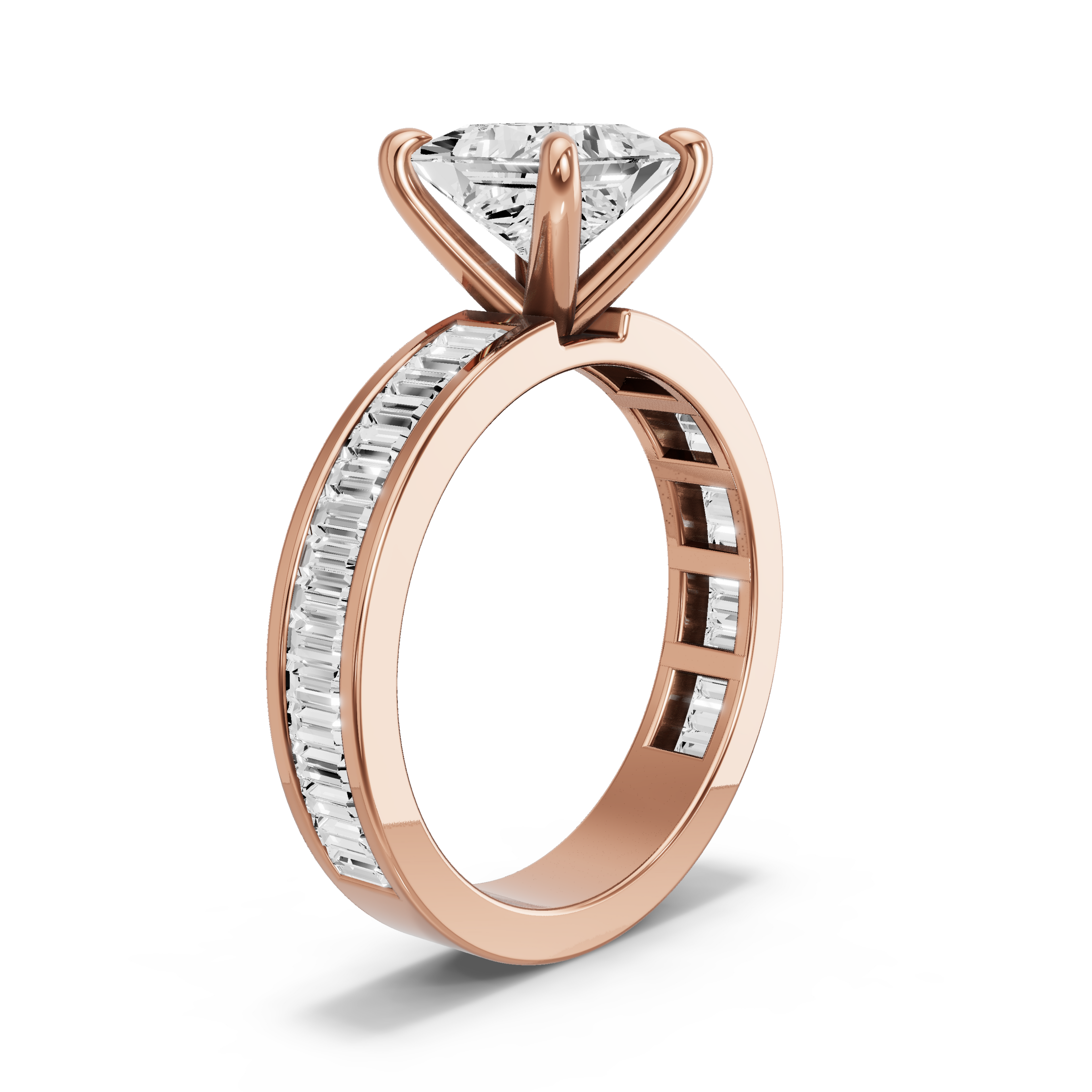 Image for Princess Four Prong Ring with Baguette Channel band in 14K Yellow Gold