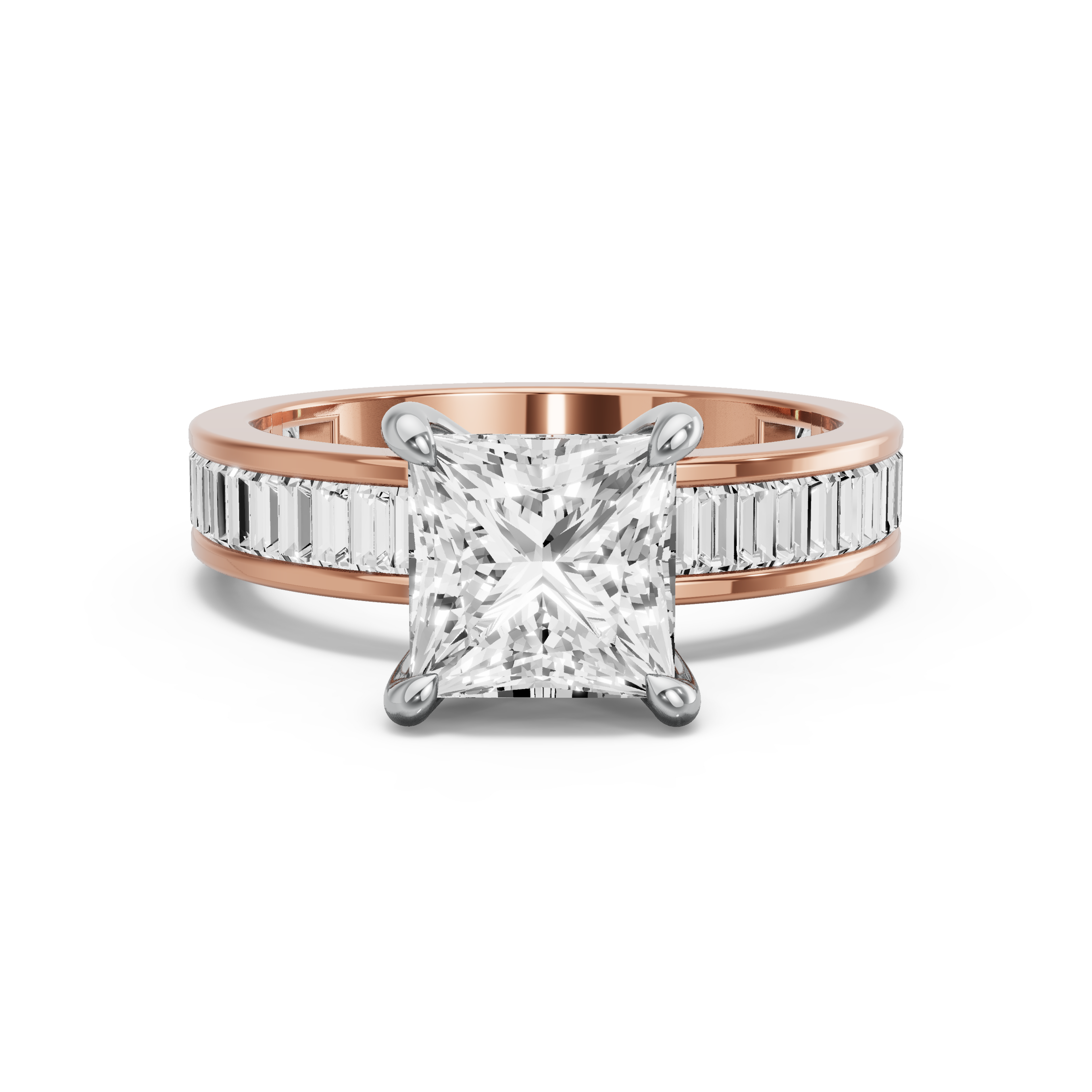 Image for Princess Four Prong Ring with Baguette Channel band in 18K Two Tone Yellow Gold