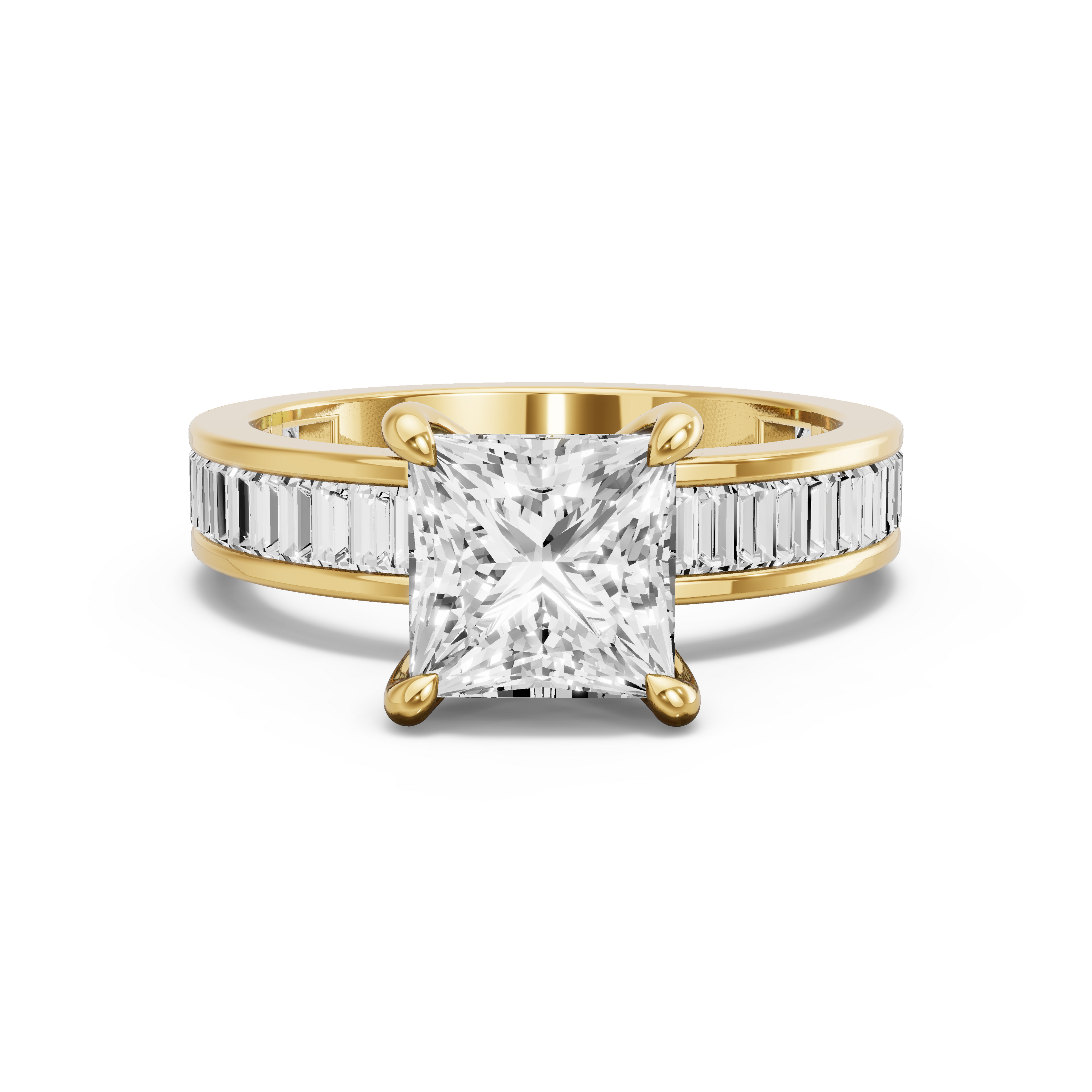 Image for Princess Four Prong Ring with Baguette Channel band in 18K White Gold