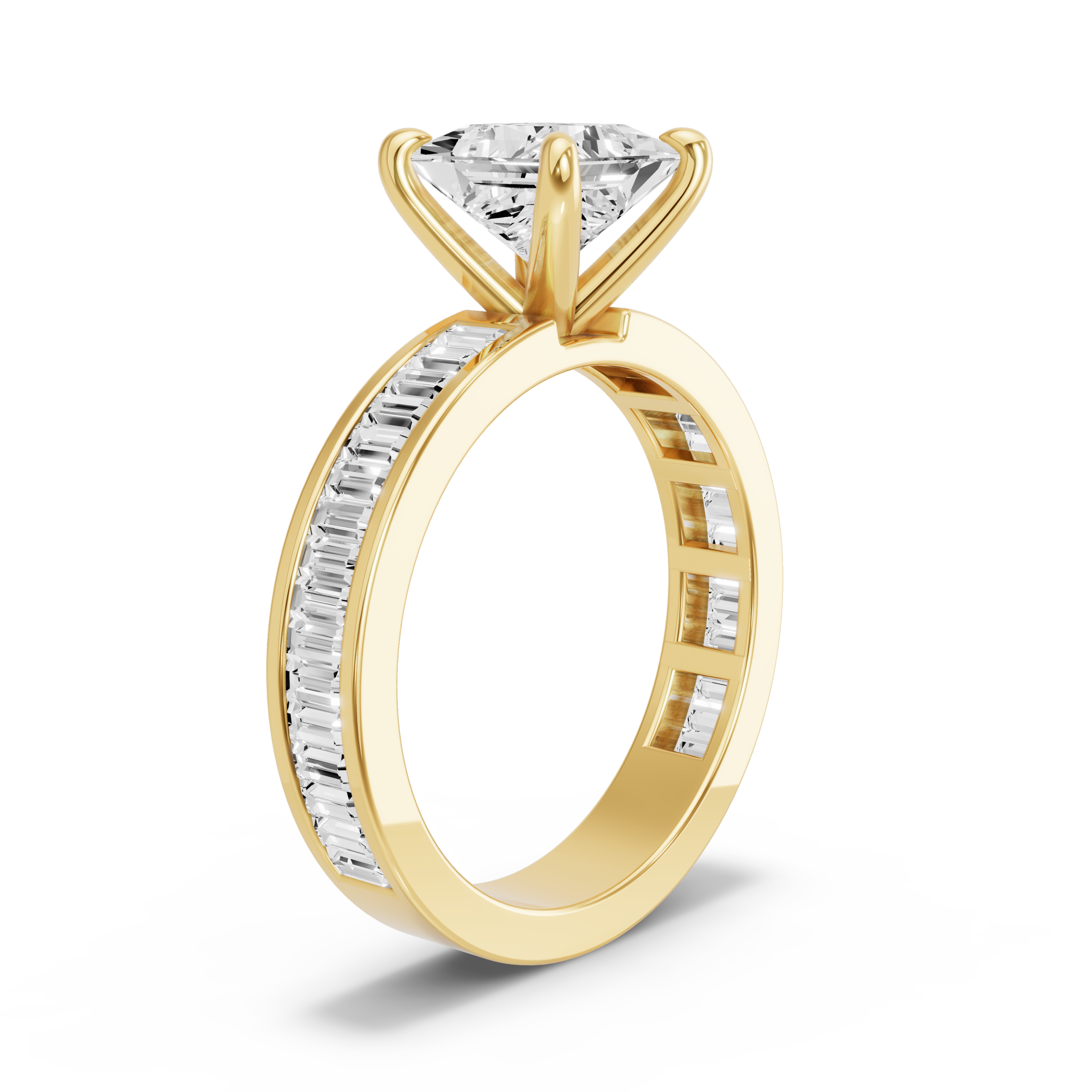 Image for Princess Four Prong Ring with Baguette Channel band in 10K White Gold