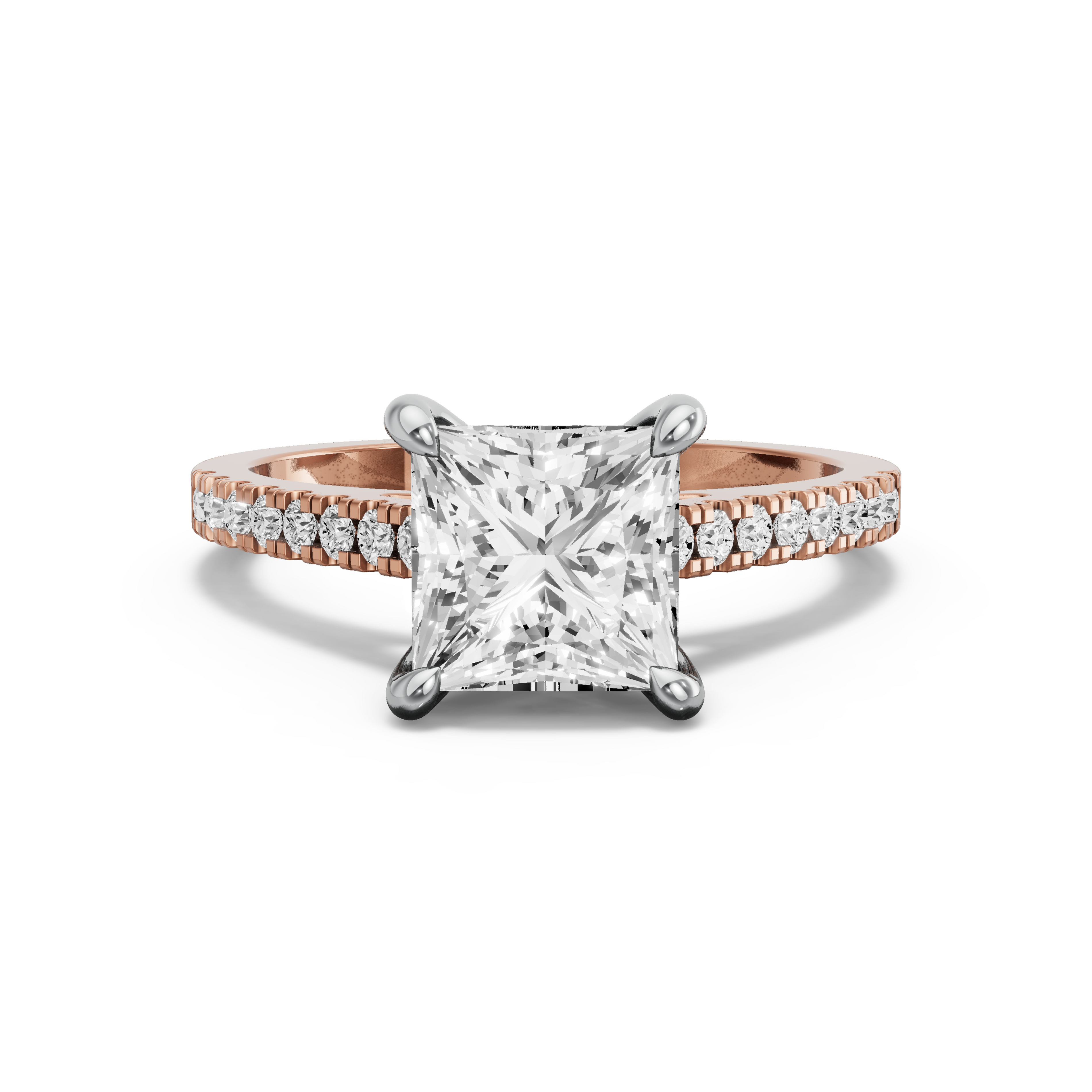 Image for Princess Four Prong Ring with Cathedral Pave band in 10K Two Tone Yellow Gold