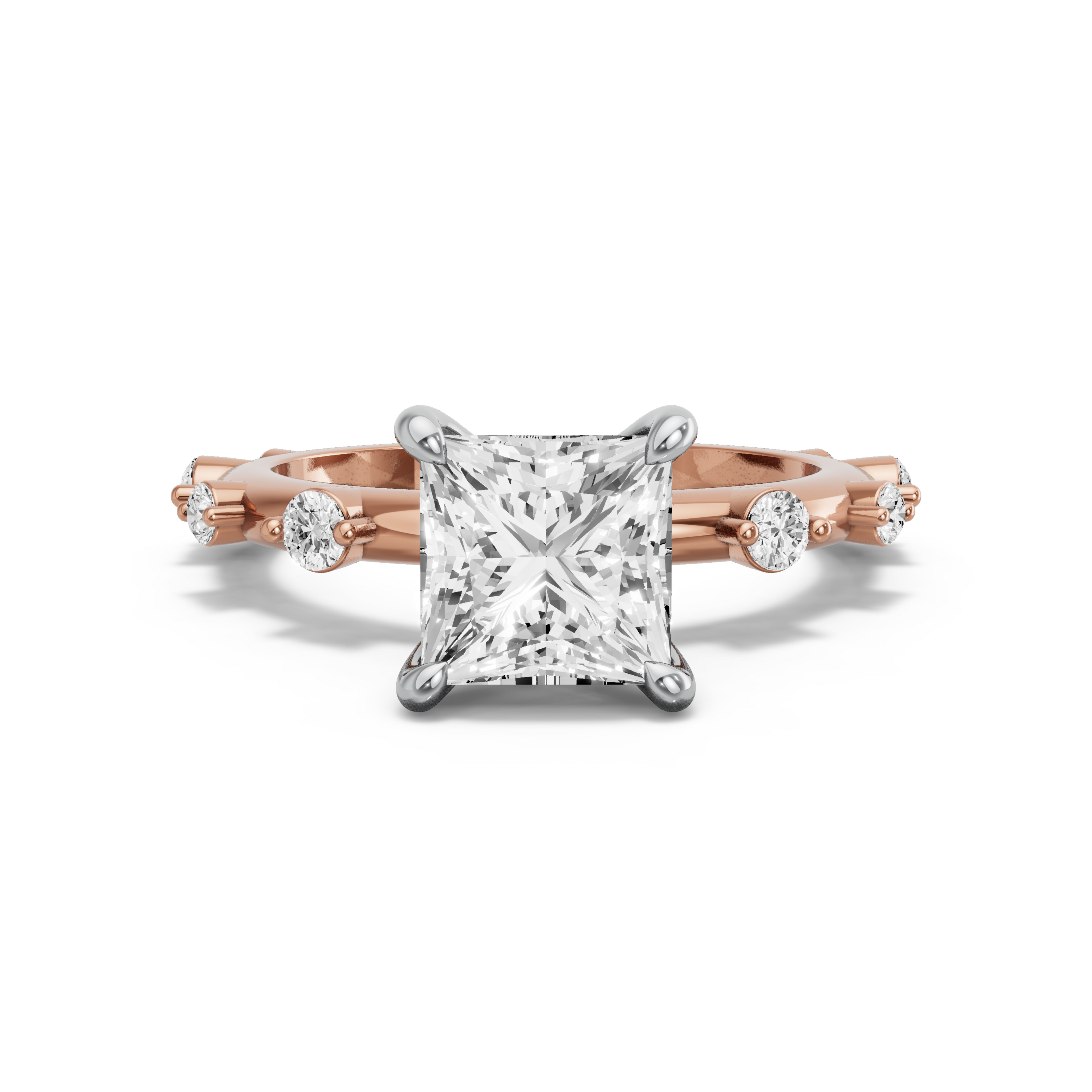 Image for Princess Four Prong Ring with Floating Station band in 10K Two Tone Yellow Gold