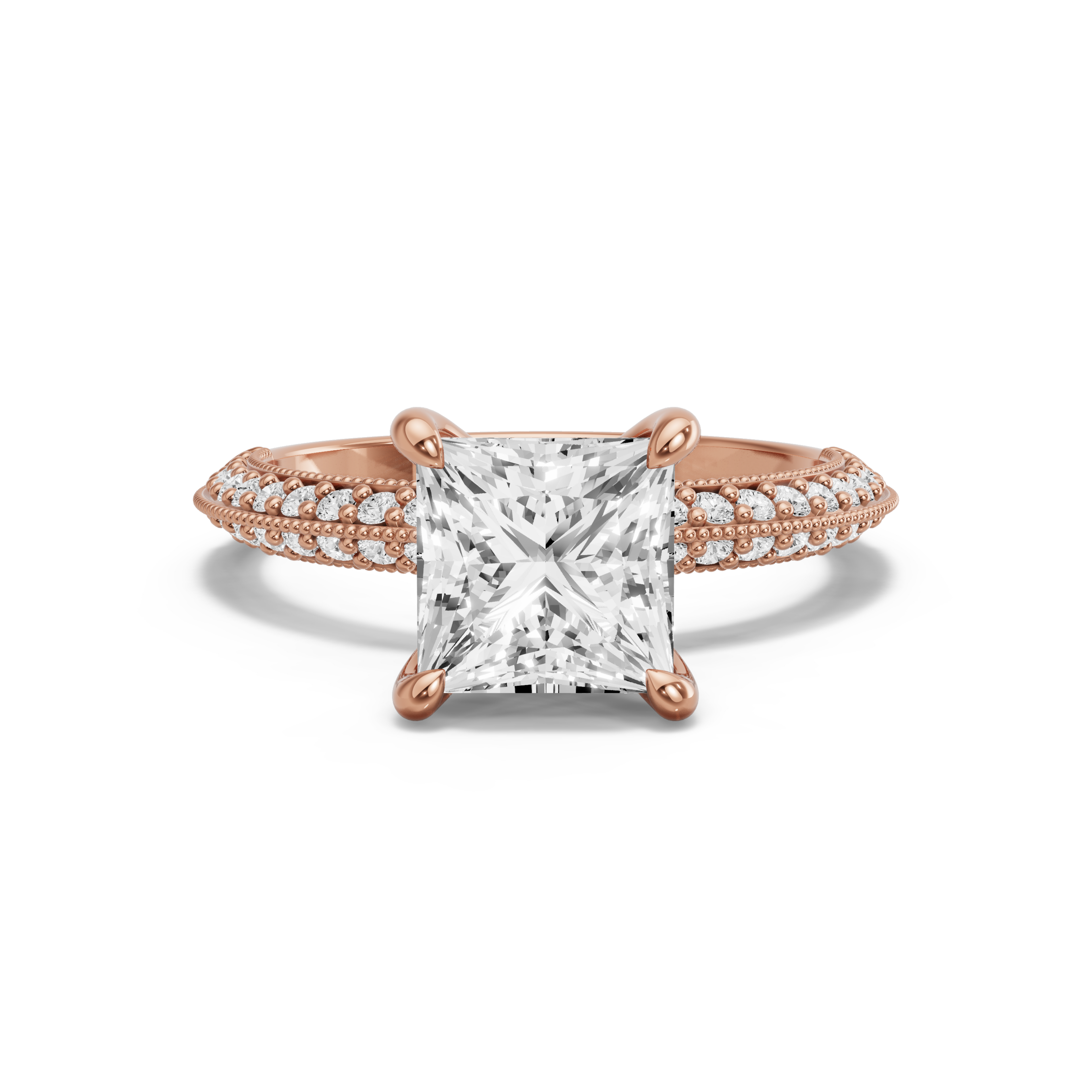 Image for Princess Four Prong Ring with Knife Edge Pave band in 10K Yellow Gold