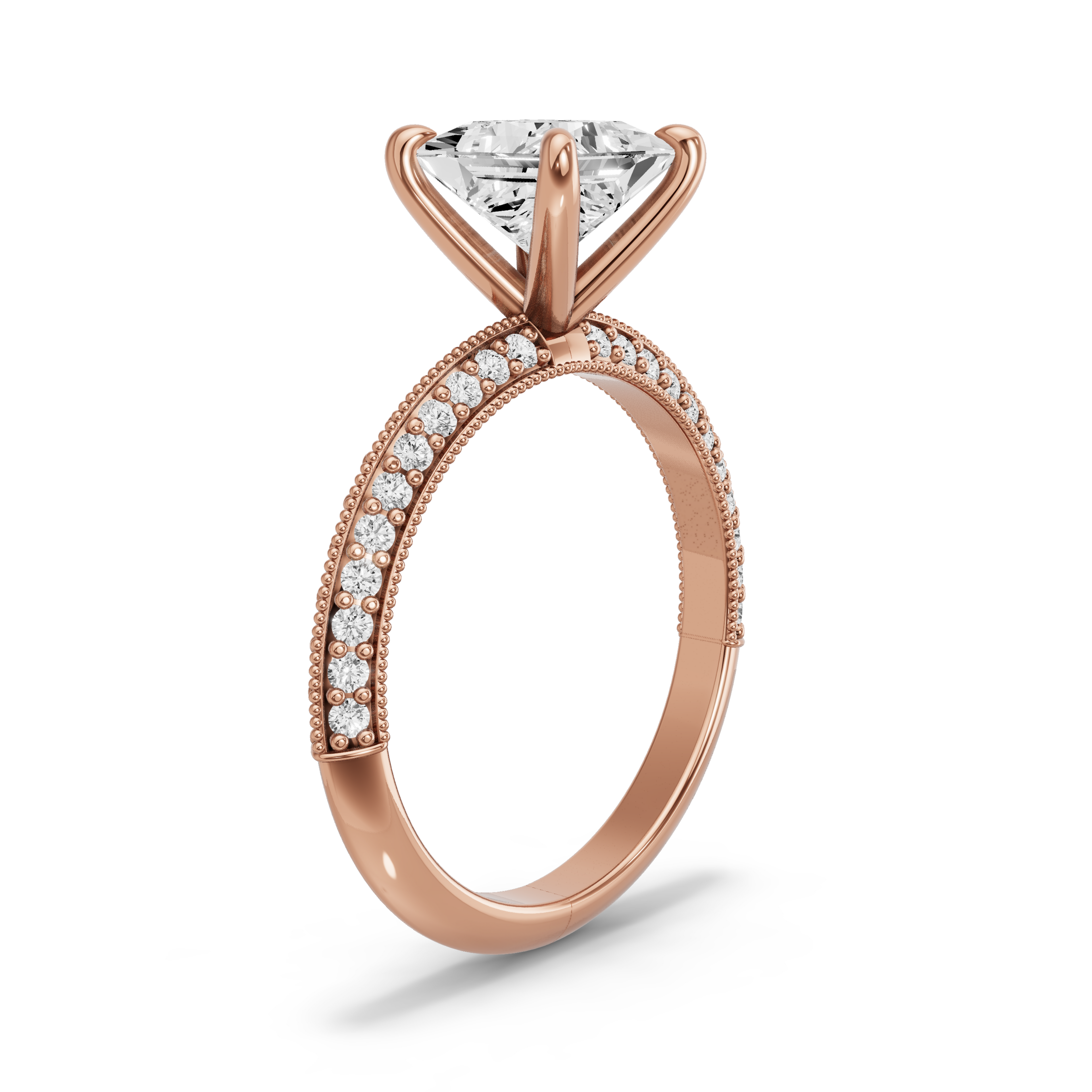 Image for Princess Four Prong Ring with Knife Edge Pave band in 14K Yellow Gold