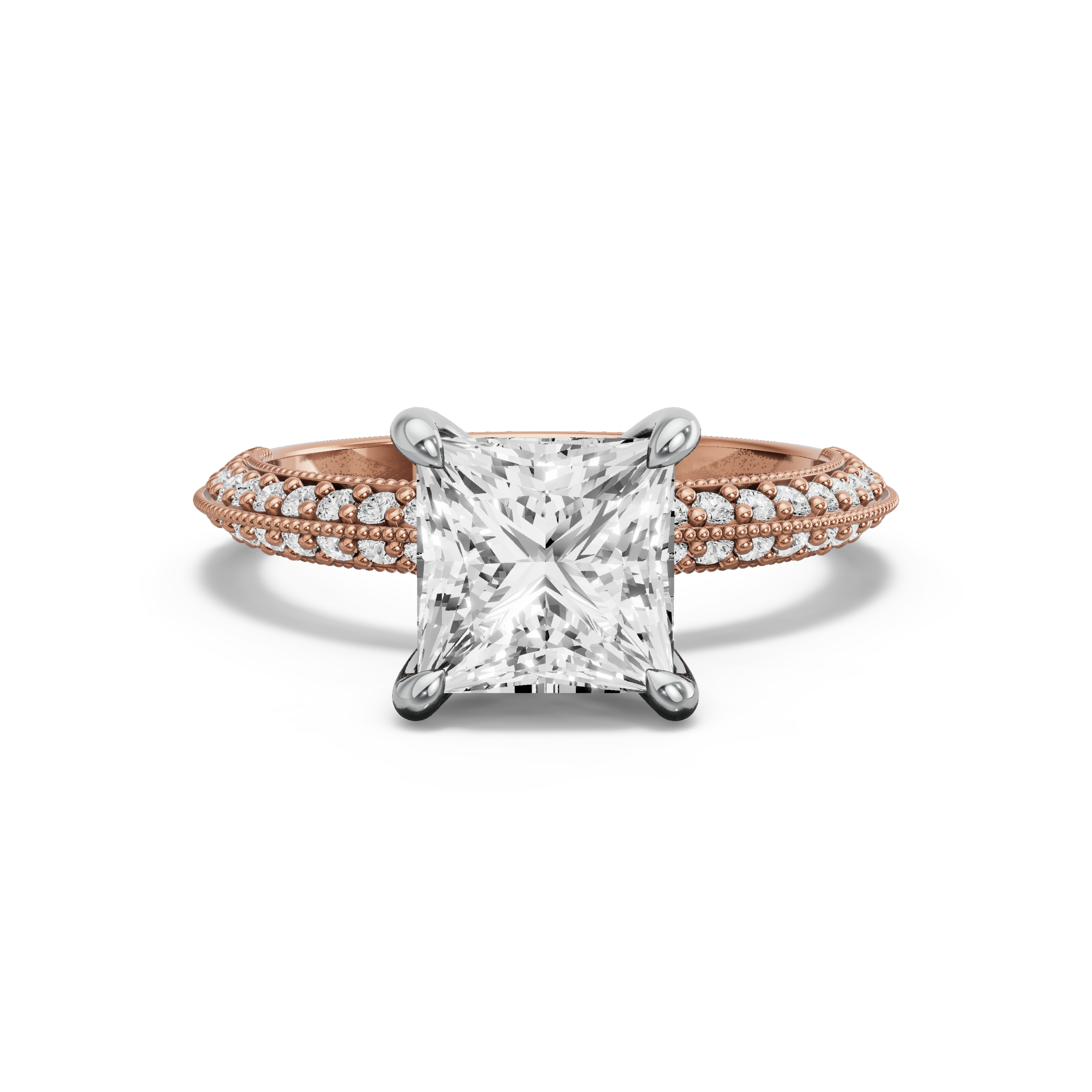 Image for Princess Four Prong Ring with Knife Edge Pave band in 14K Two Tone Yellow Gold
