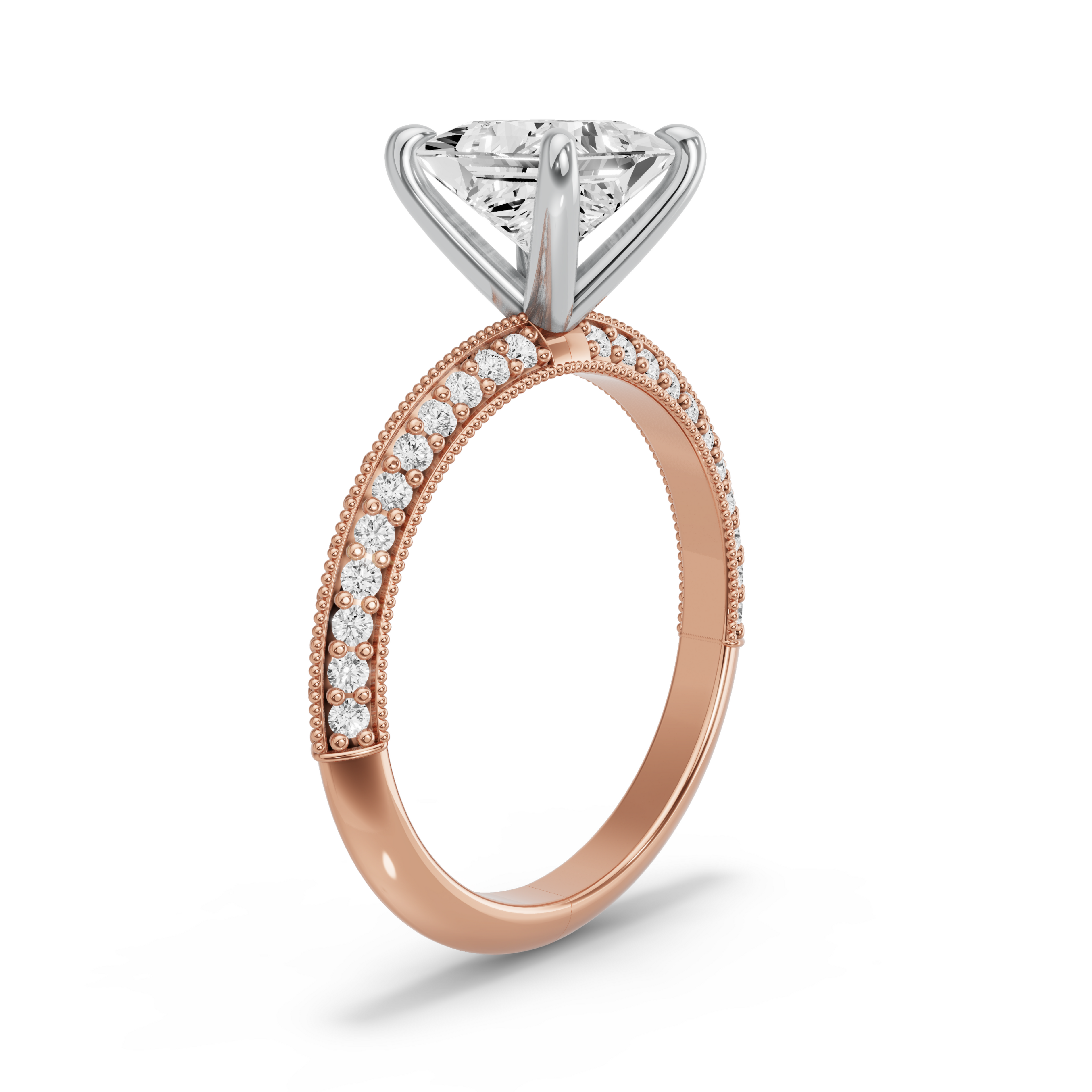 Image for Princess Four Prong Ring with Knife Edge Pave band in 14K Two Tone Yellow Gold