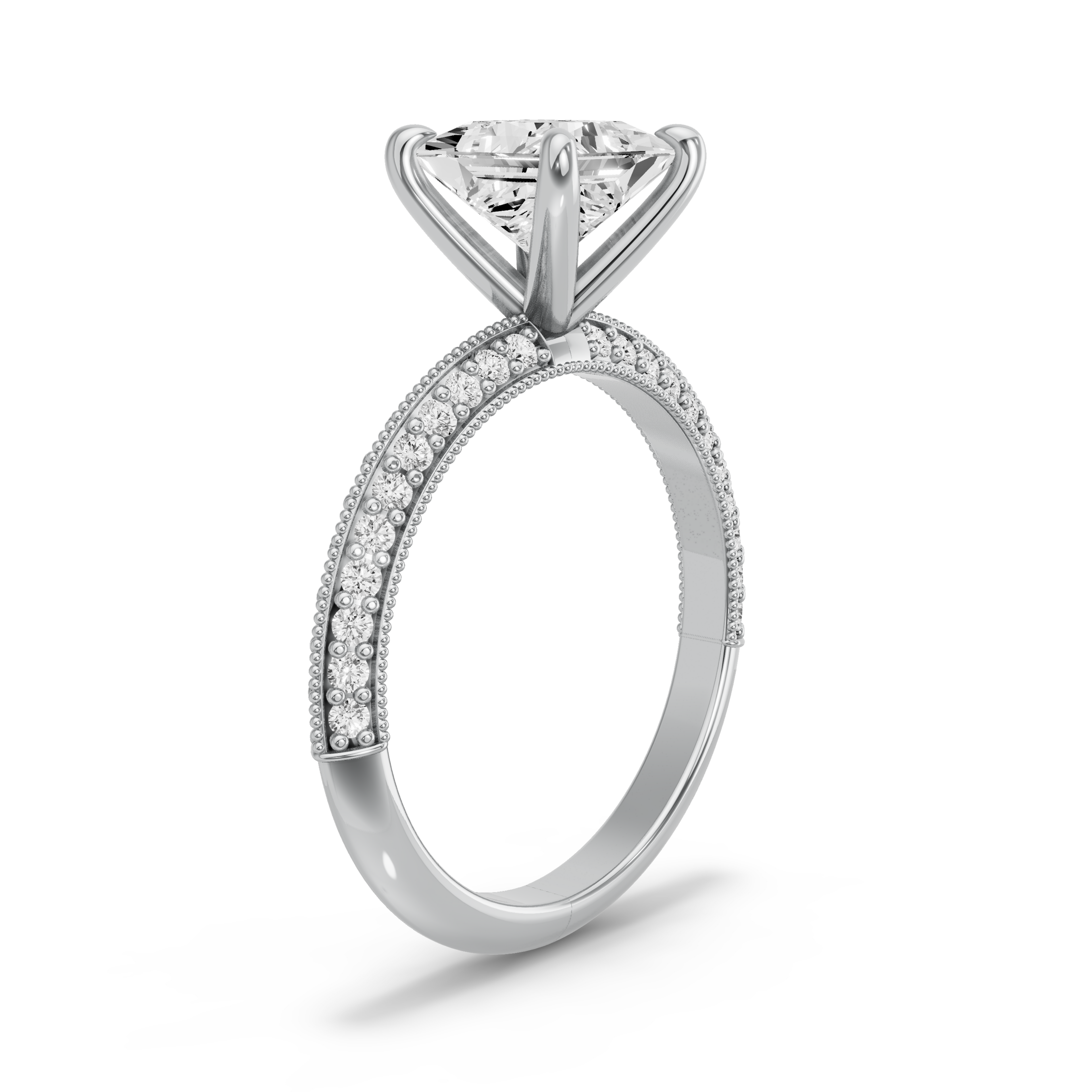 Image for Princess Four Prong Ring with Knife Edge Pave band in 14K Two Tone Rose Gold