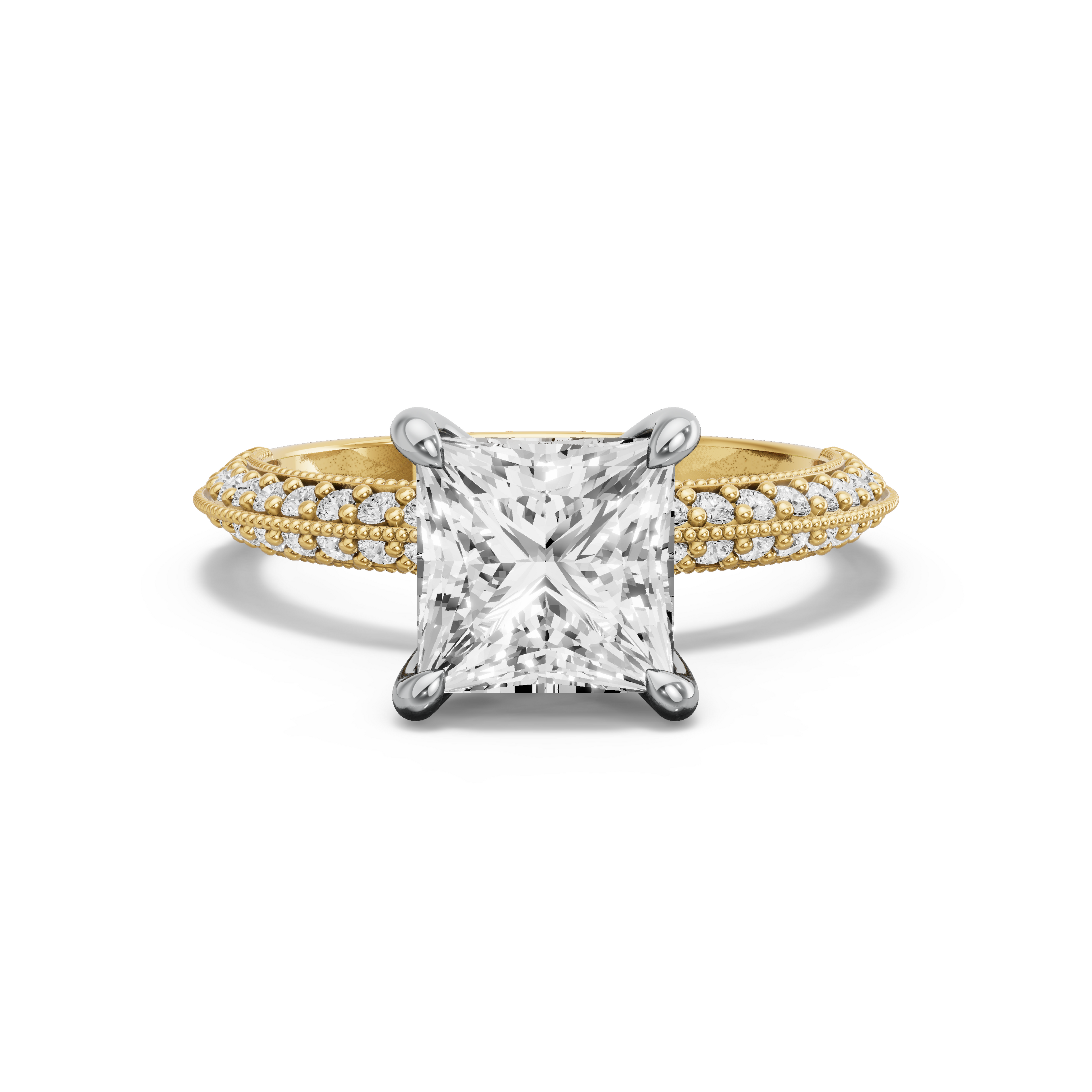 Image for Princess Four Prong Ring with Knife Edge Pave band in 18K Rose Gold