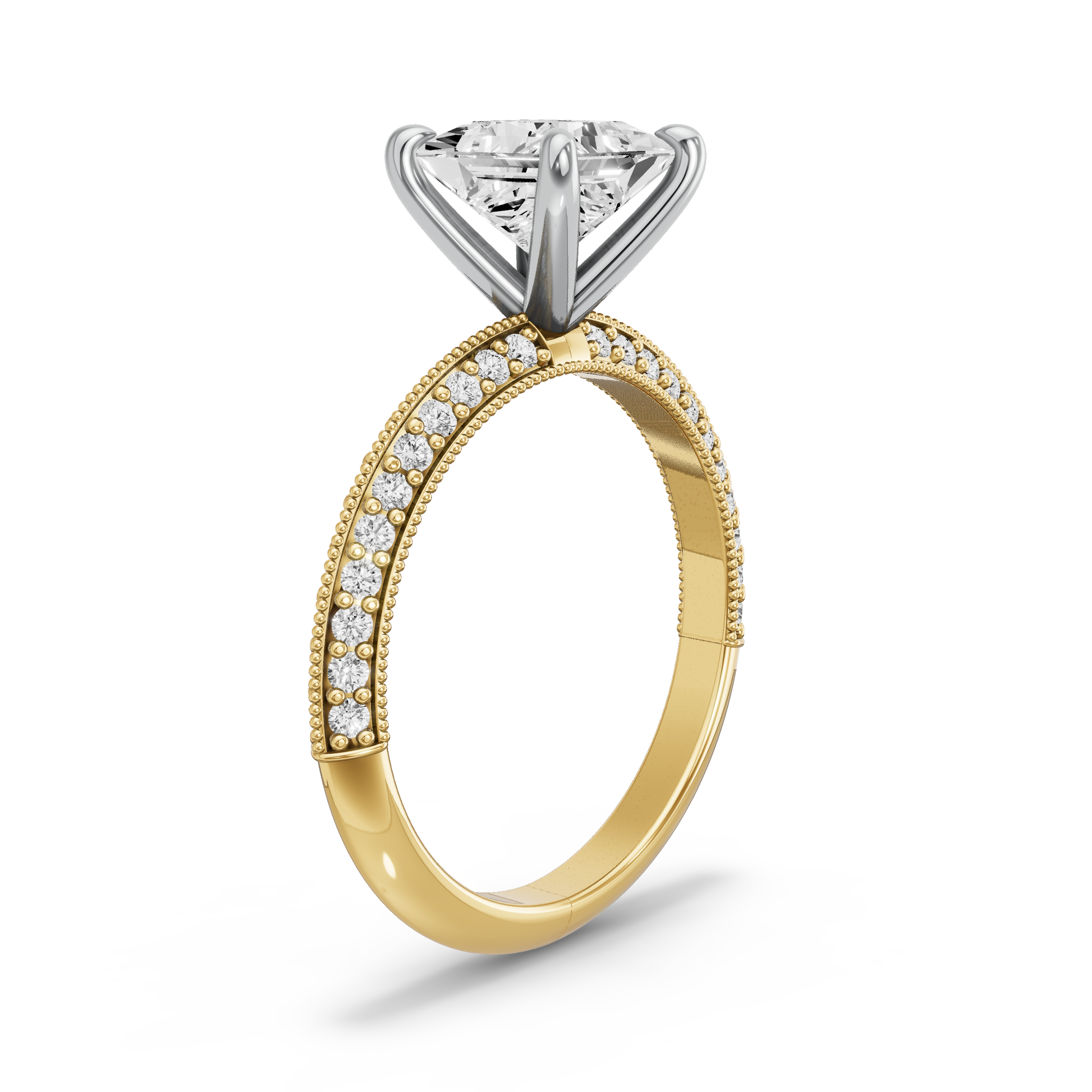 Image for Princess Four Prong Ring with Knife Edge Pave band in 18K Rose Gold