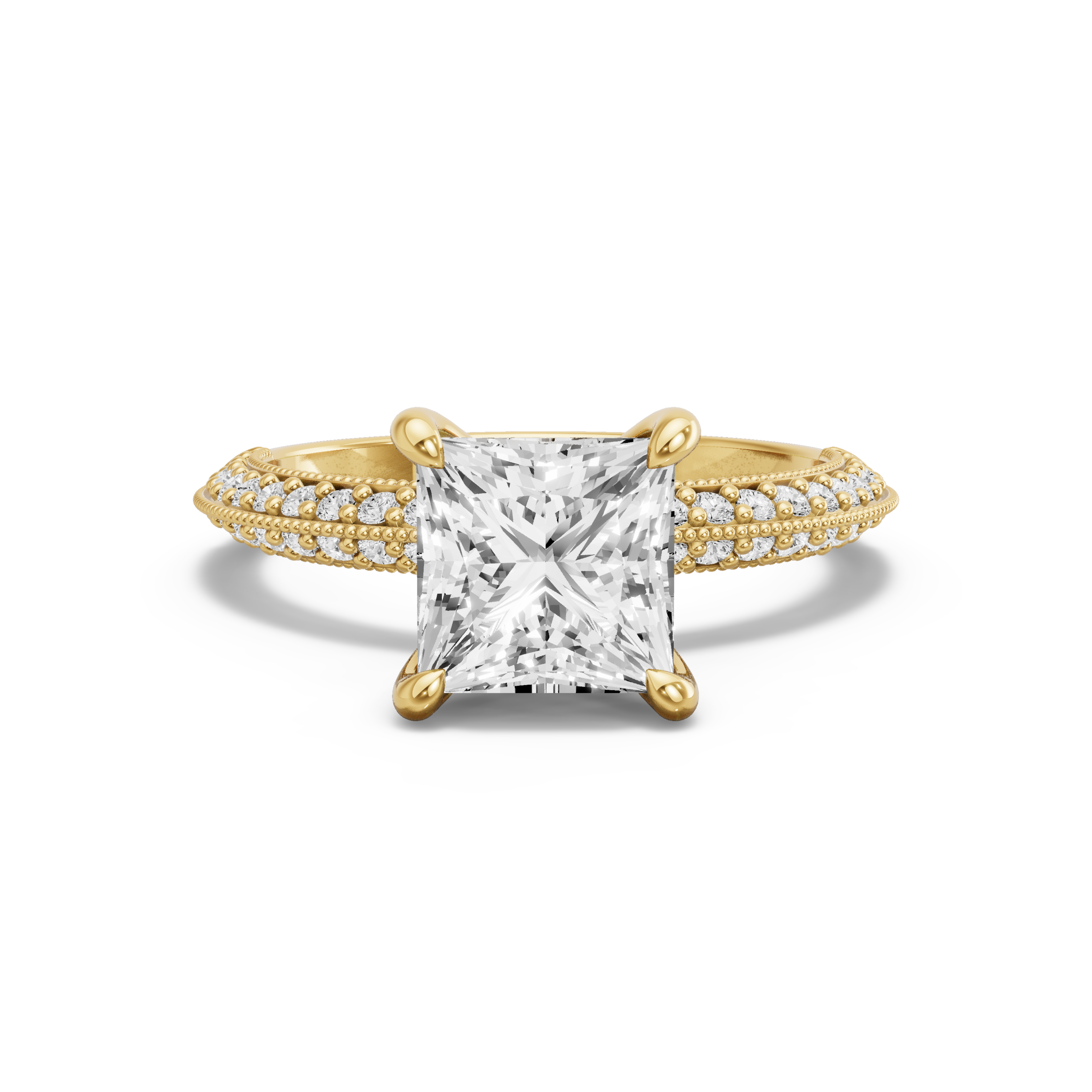 Image for Princess Four Prong Ring with Knife Edge Pave band in 18K White Gold