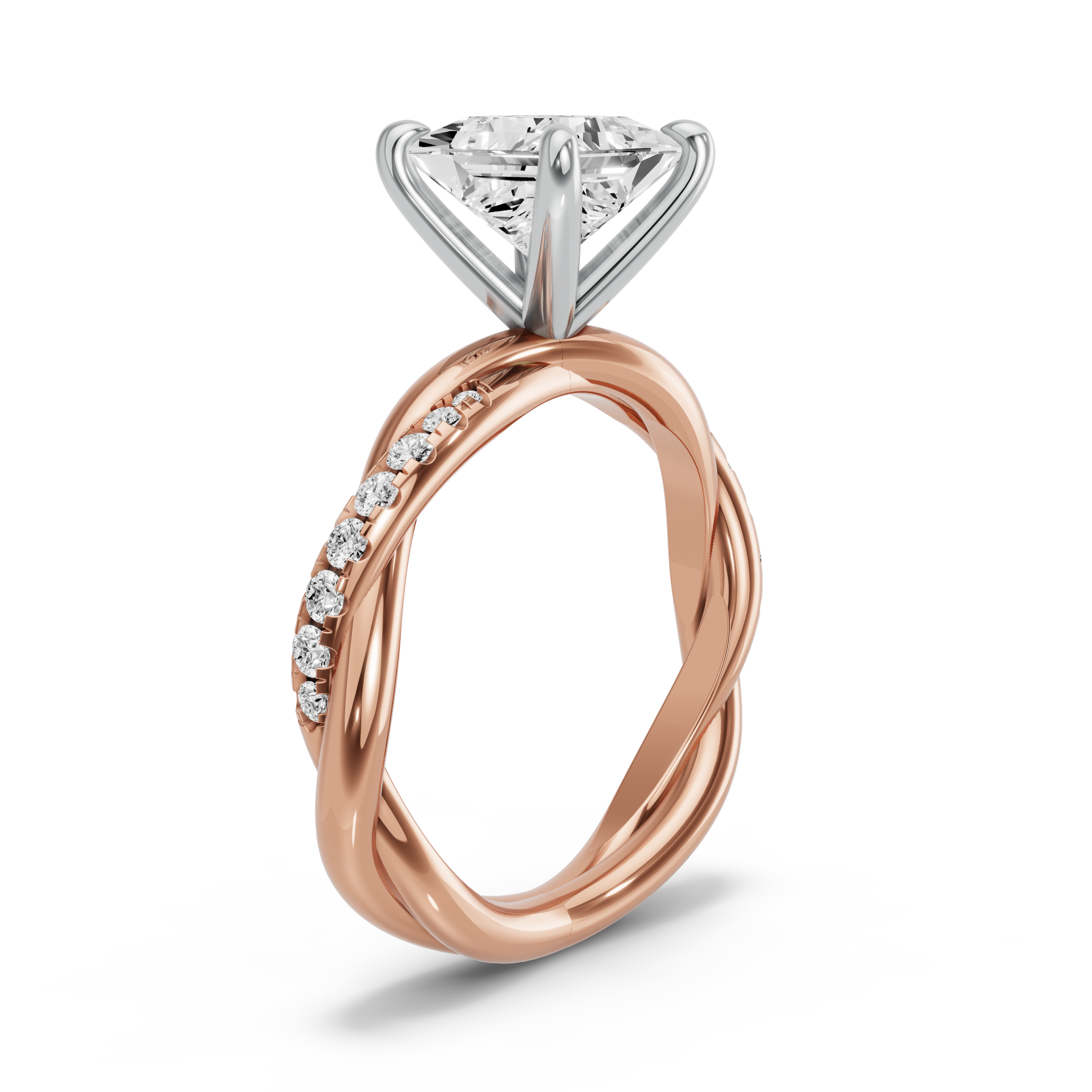 Image for Princess Four Prong Ring with Rope Pave band in 10K Two Tone Yellow Gold