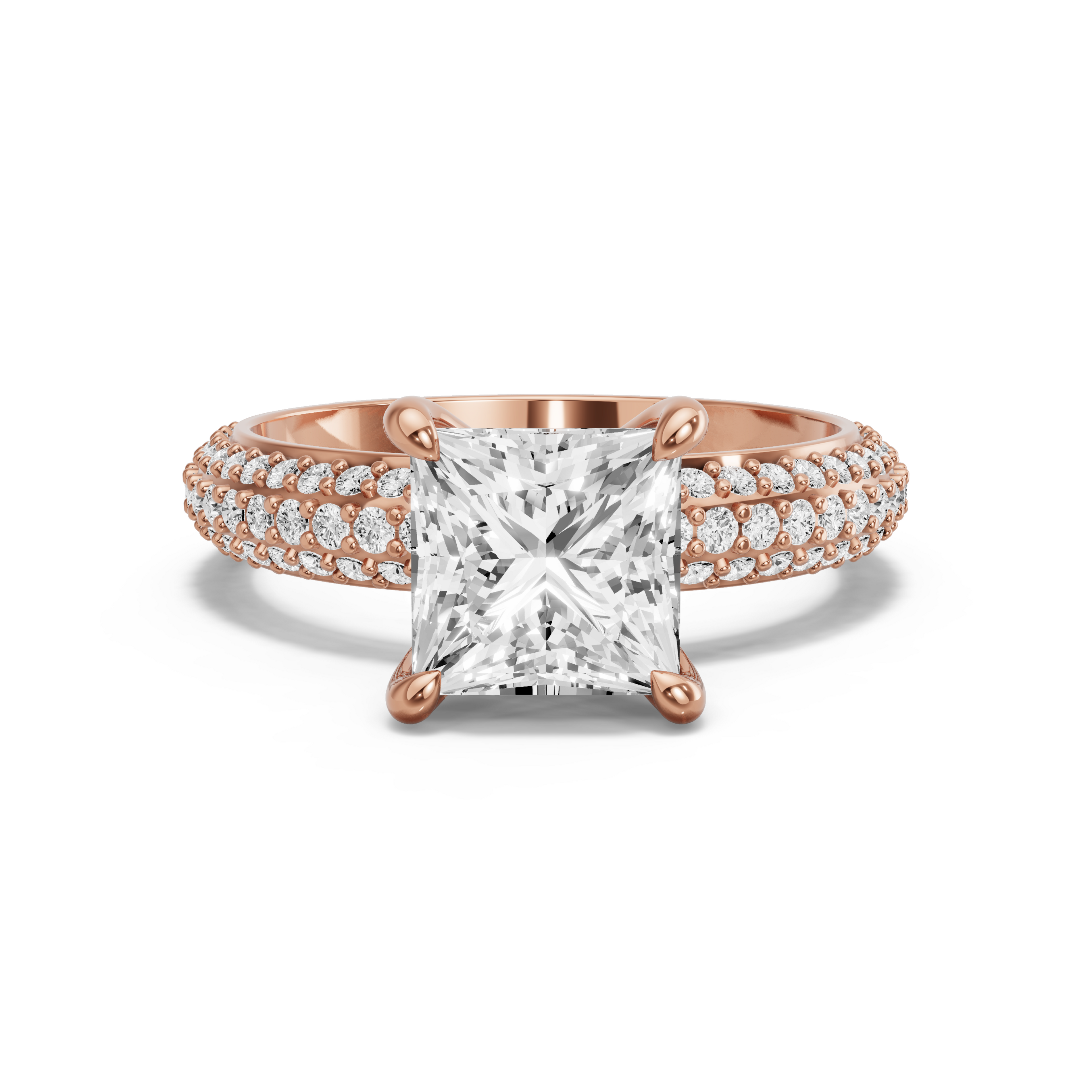 Image for Princess Four Prong Ring with Triple Row Pave band in 10K Yellow Gold