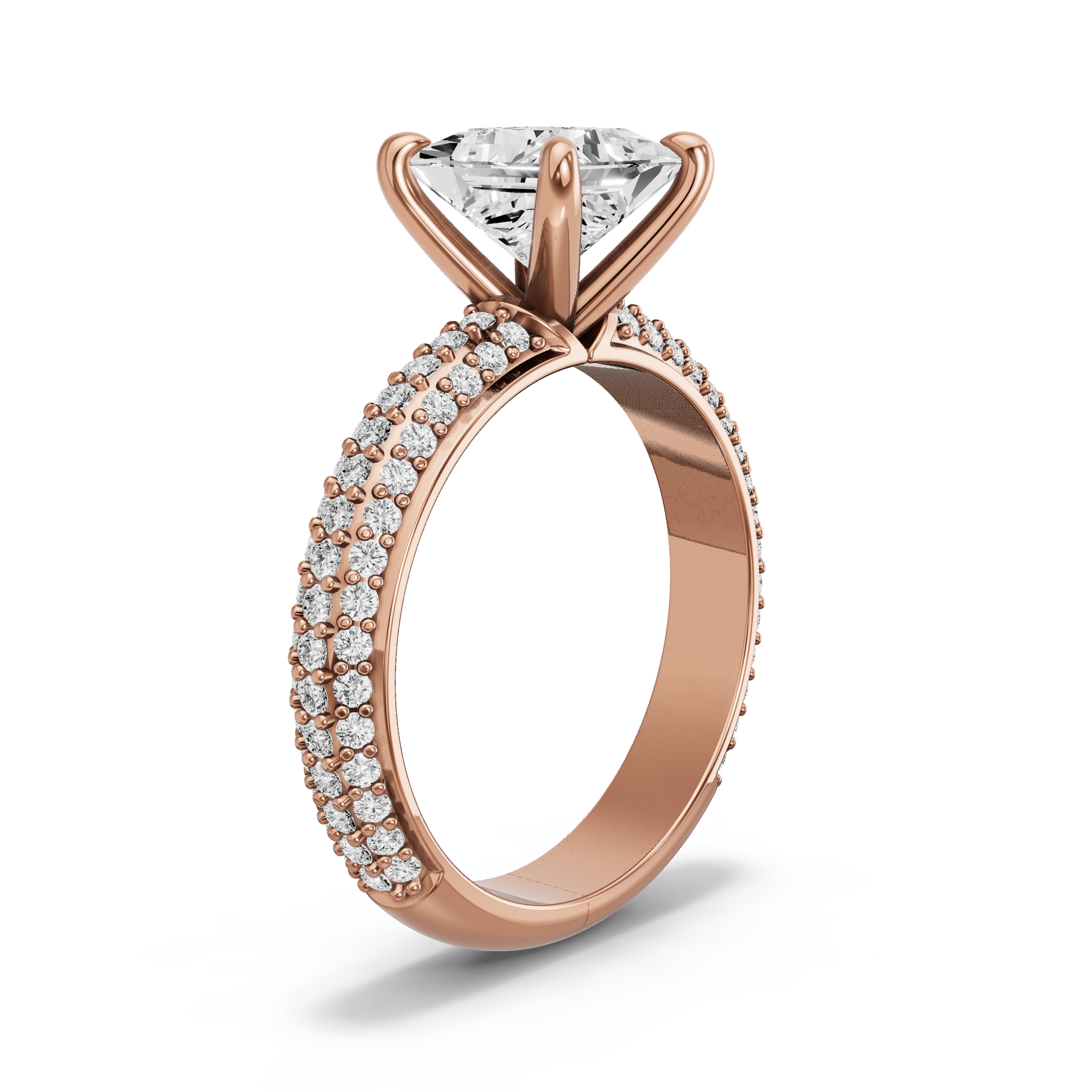 Image for Princess Four Prong Ring with Triple Row Pave band in 10K Yellow Gold