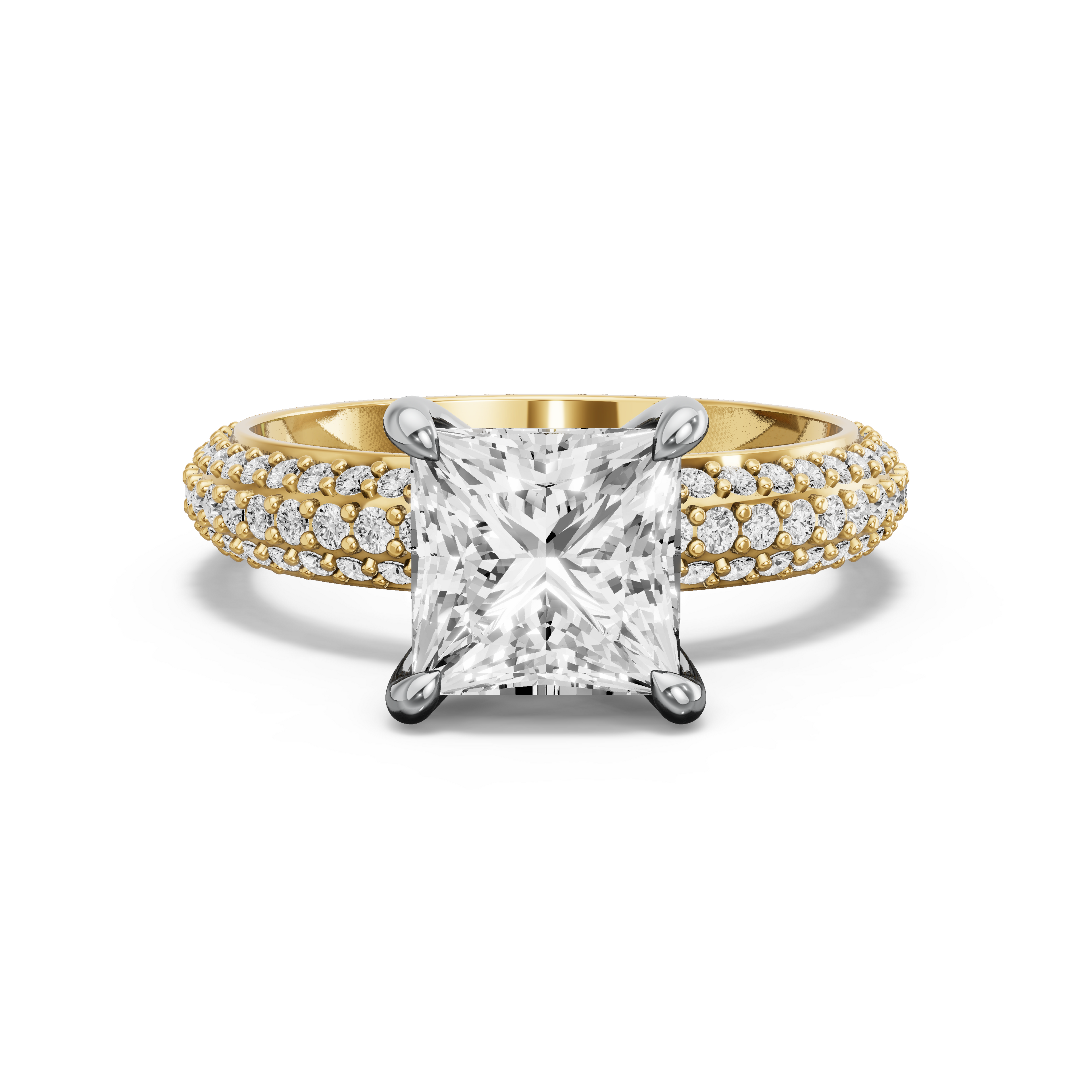 Image for Princess Four Prong Ring with Triple Row Pave band in 10K Rose Gold