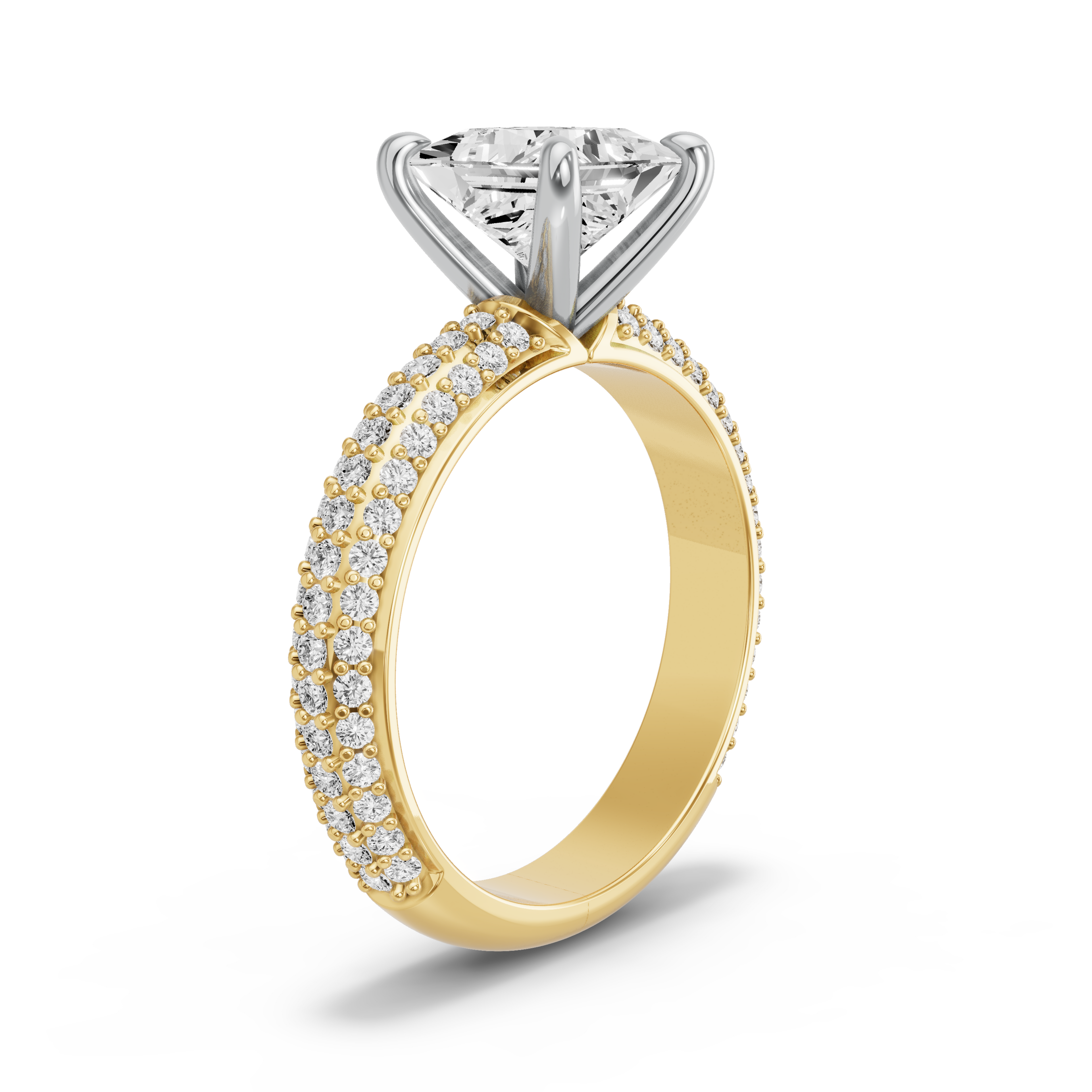 Image for Princess Four Prong Ring with Triple Row Pave band in 18K Rose Gold